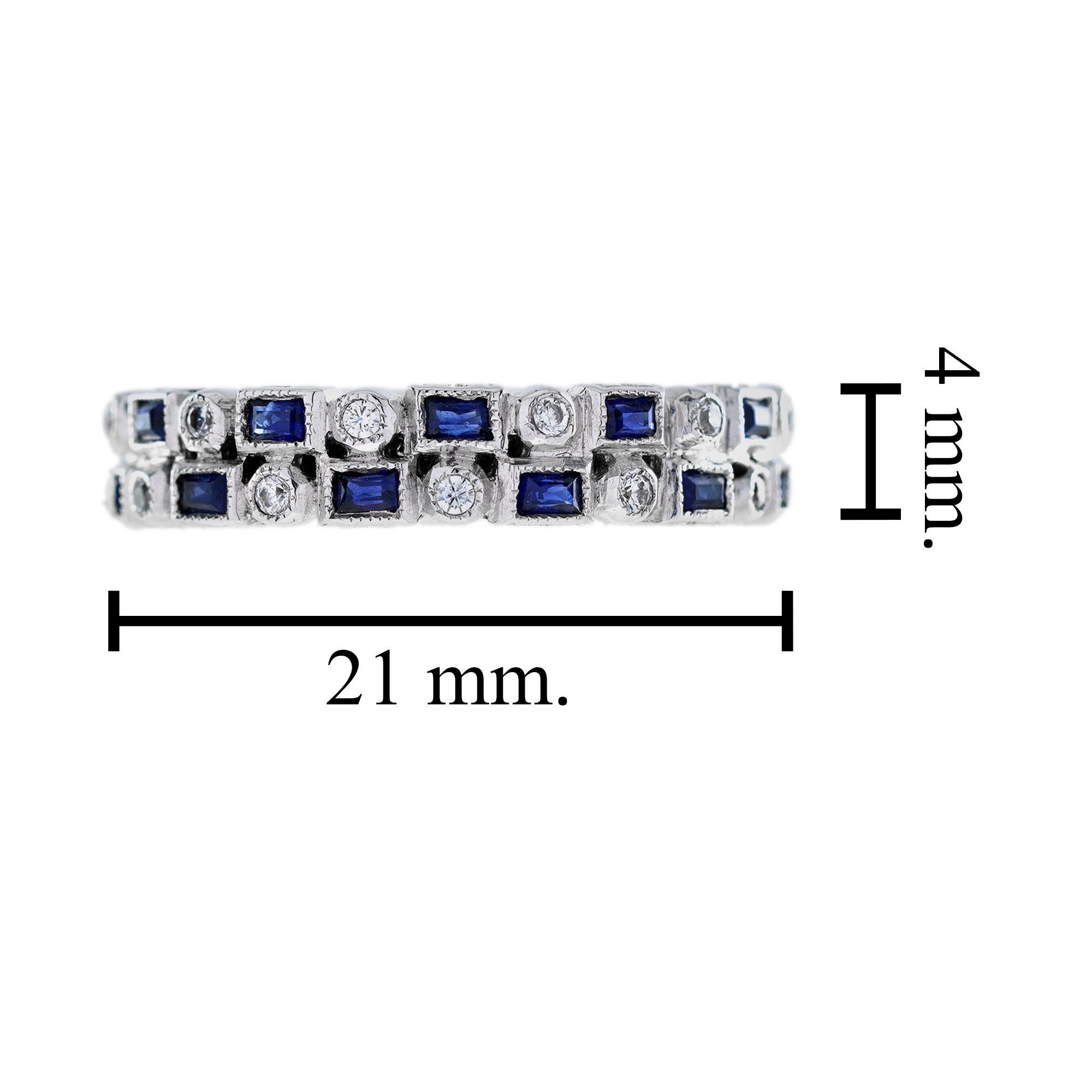 Anillo de oro blanco de doble hilera de media eternidad con diamantes y zafiro azul estilo Art Déco Corte francés en venta