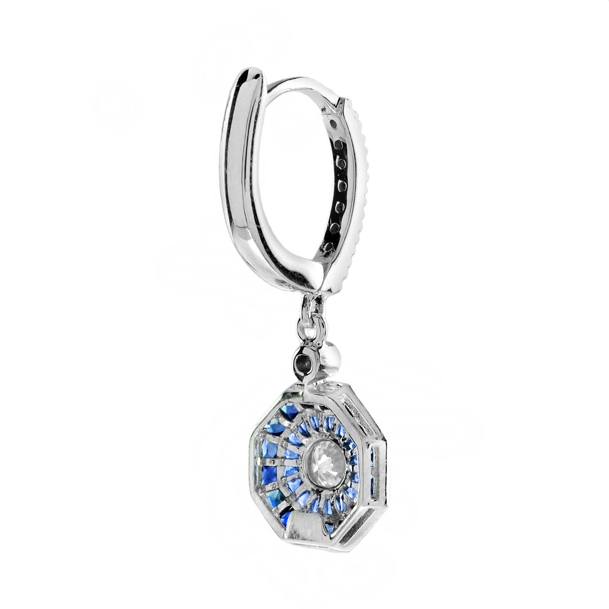 Pendientes de oro blanco de 14 quilates estilo Art Déco con diamantes y zafiro azul Art Decó en venta