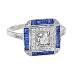 Diamond & Blue Sapphire Art Deco Style Engagement 14K White Gold Ring
