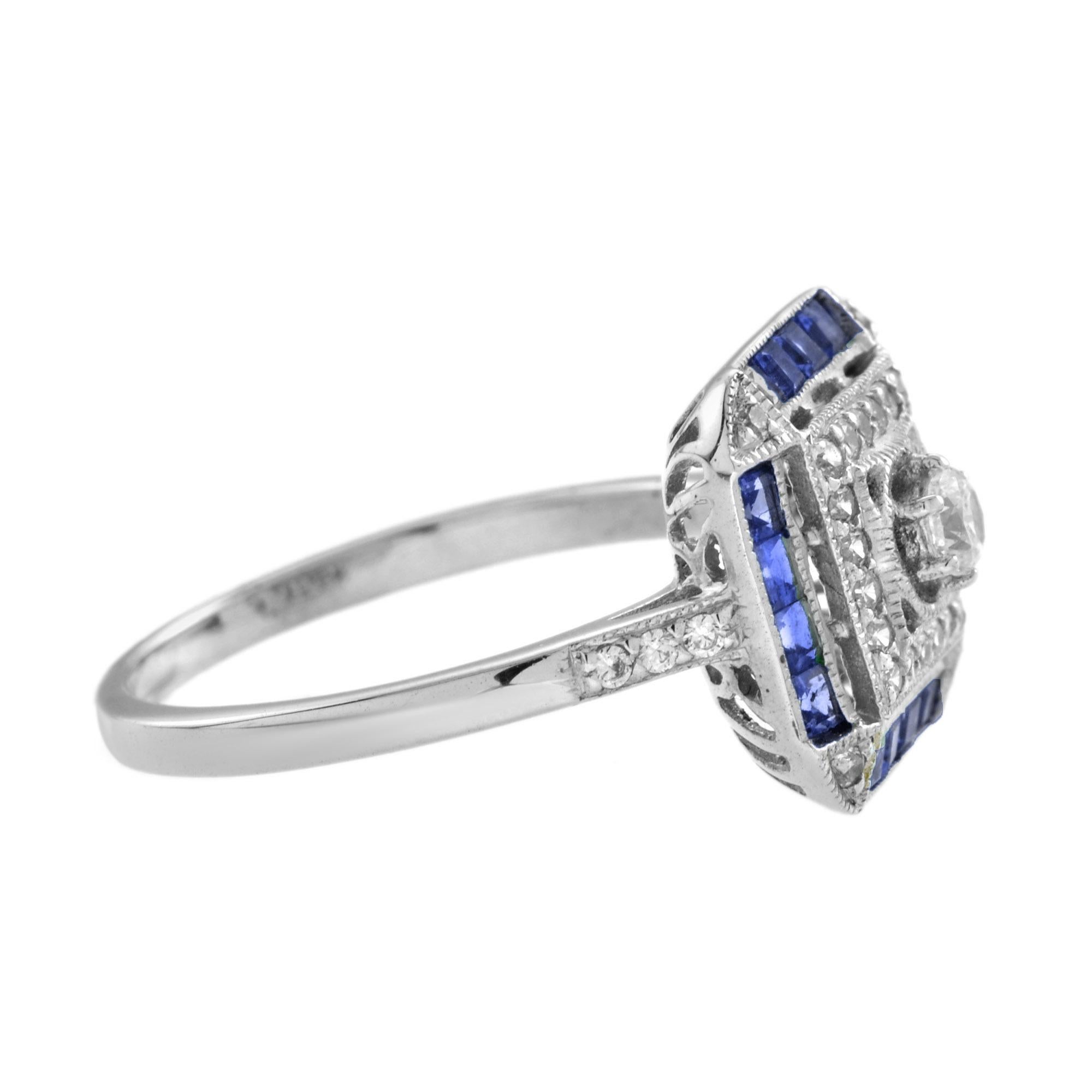 Round Cut Diamond & Blue Sapphire Art Deco Style Engagement 14K White Gold Ring For Sale