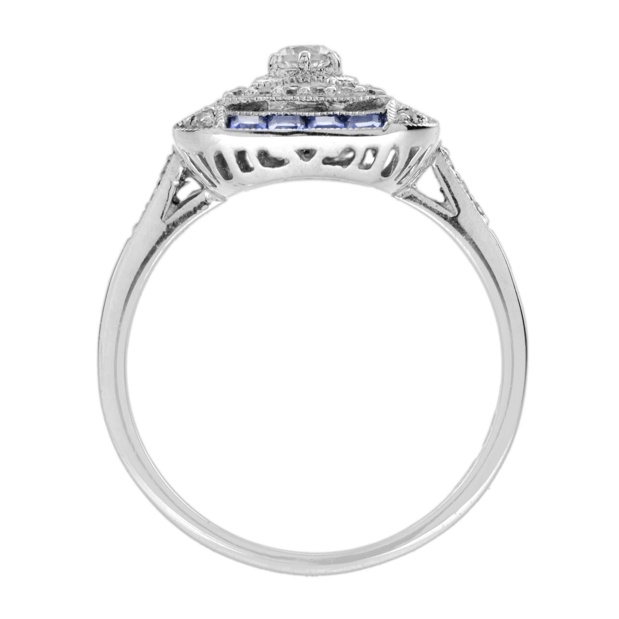 Diamond & Blue Sapphire Art Deco Style Engagement 14K White Gold Ring In New Condition For Sale In Oakton, VA