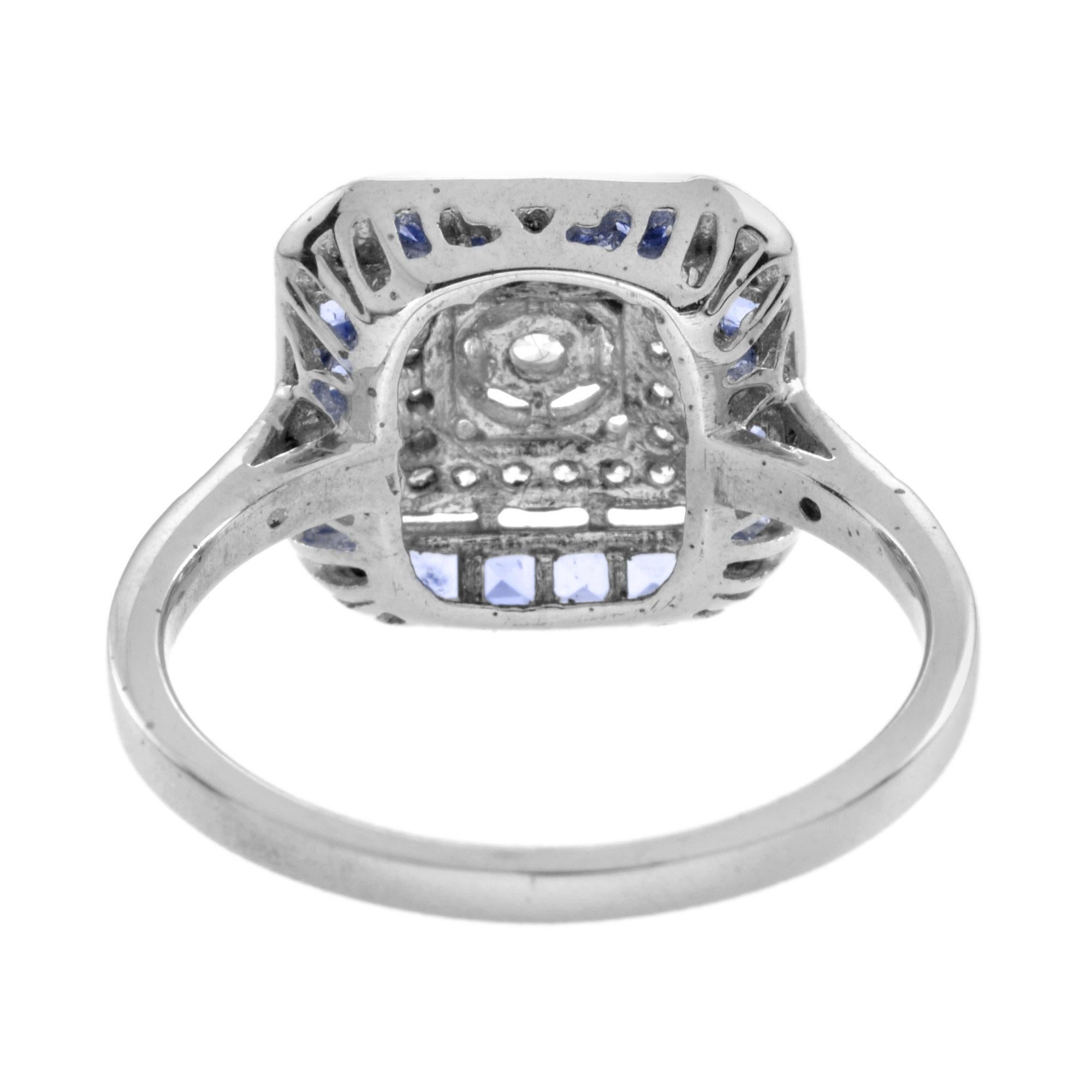 Women's Diamond & Blue Sapphire Art Deco Style Engagement 14K White Gold Ring For Sale