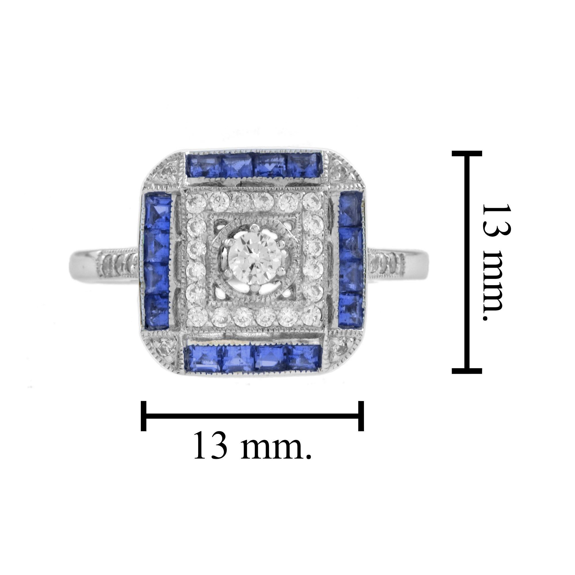 Diamond & Blue Sapphire Art Deco Style Engagement 14K White Gold Ring For Sale 1