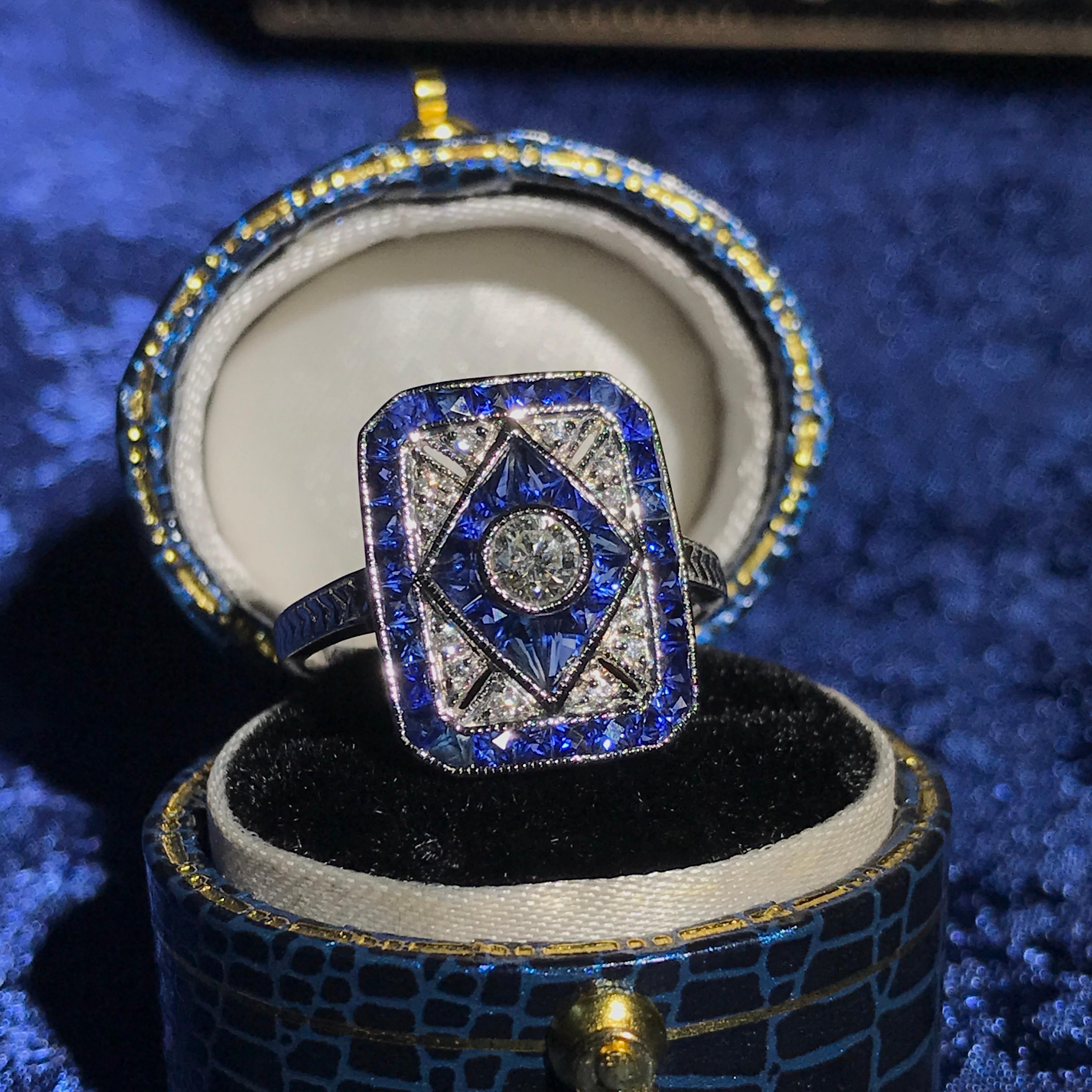 Edwardian Diamond Blue Sapphire Art Deco Style Engagement Ring in 14K White Gold For Sale