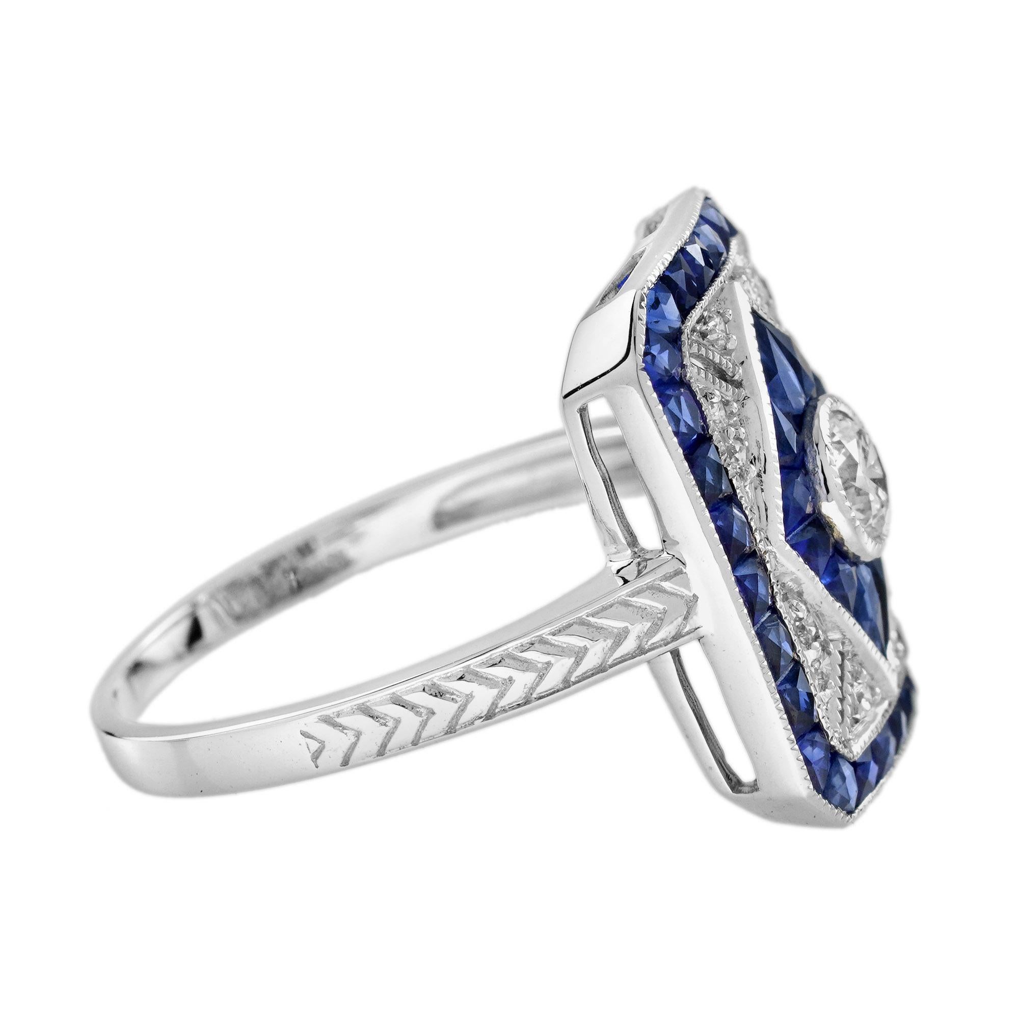 Women's Diamond Blue Sapphire Art Deco Style Engagement Ring in 14K White Gold For Sale