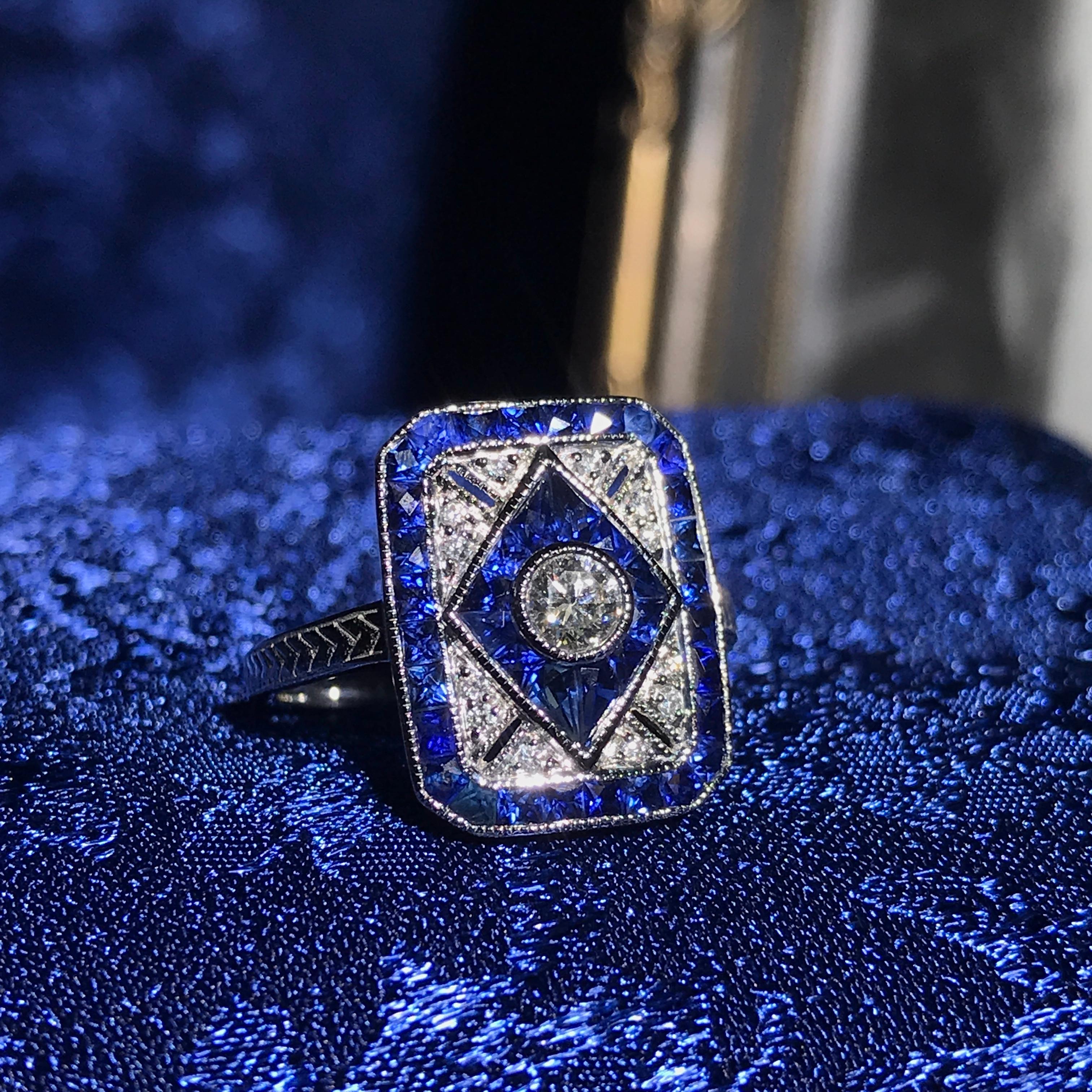 Round Cut Diamond Blue Sapphire Art Deco Style Engagement Ring in 14K White Gold For Sale