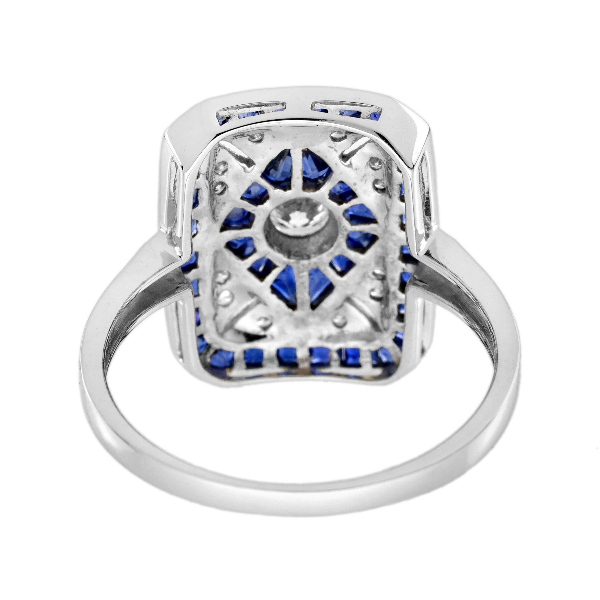 Diamond Blue Sapphire Art Deco Style Engagement Ring in 14K White Gold For Sale 1