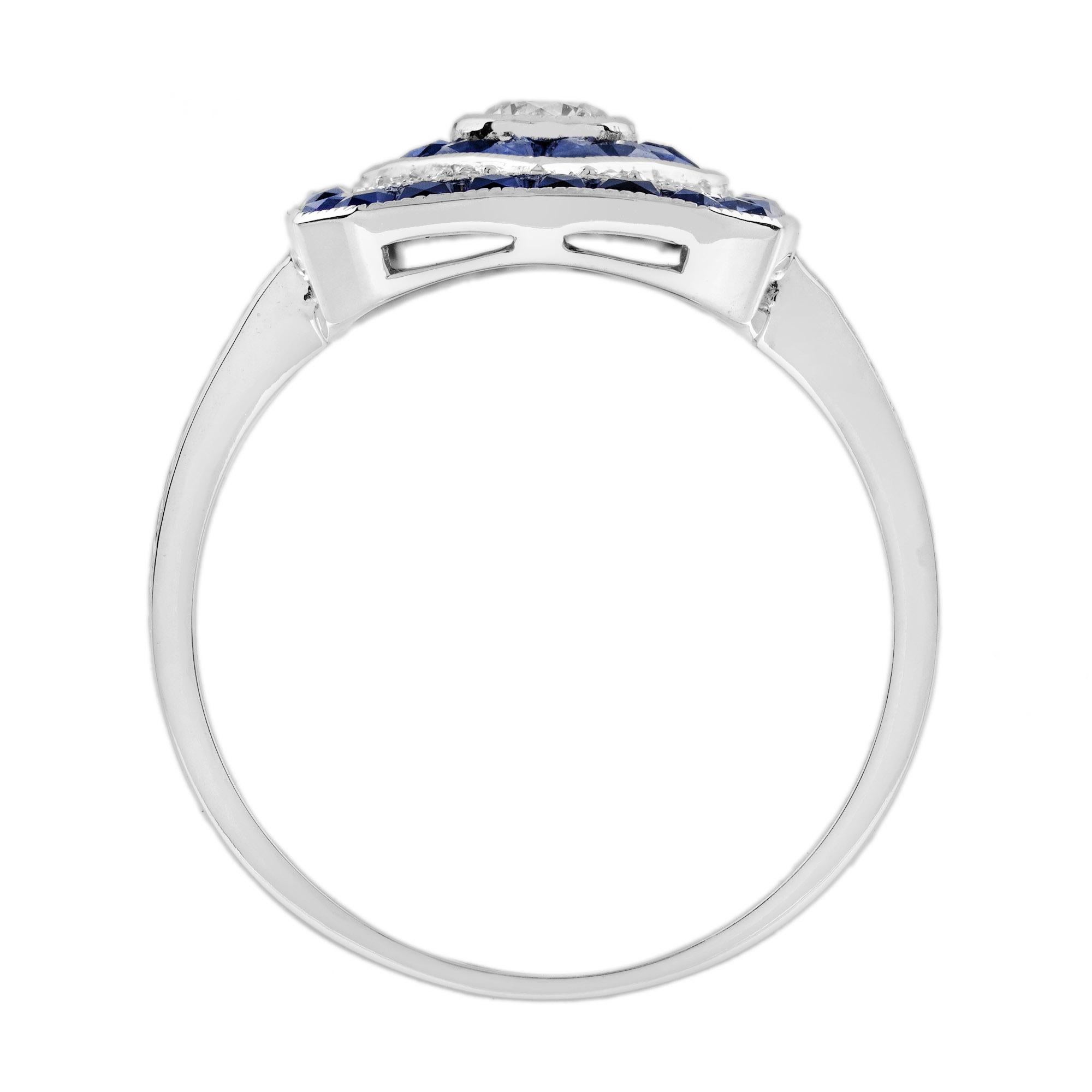 Diamond Blue Sapphire Art Deco Style Engagement Ring in 14K White Gold For Sale 2