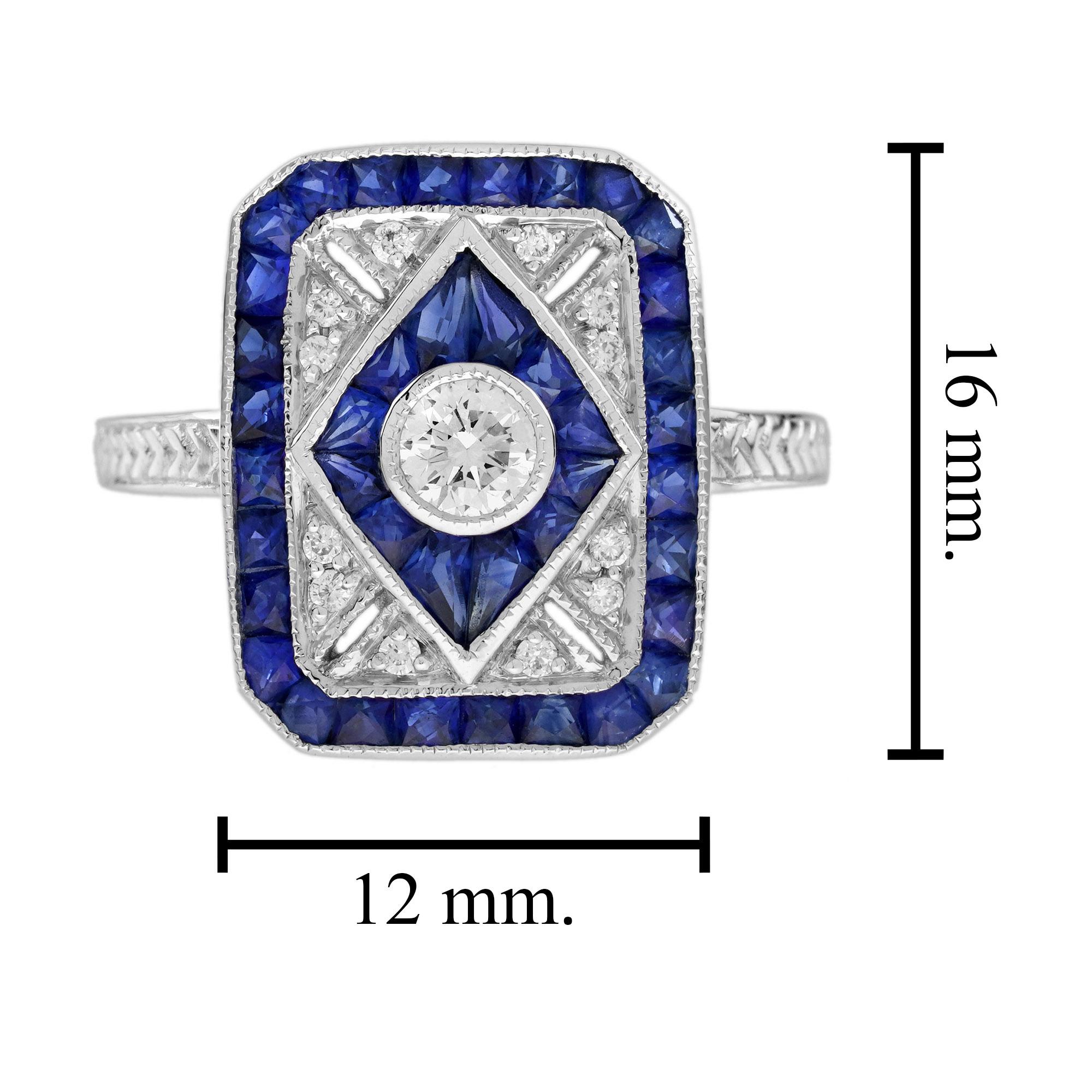 Diamond Blue Sapphire Art Deco Style Engagement Ring in 14K White Gold For Sale 3