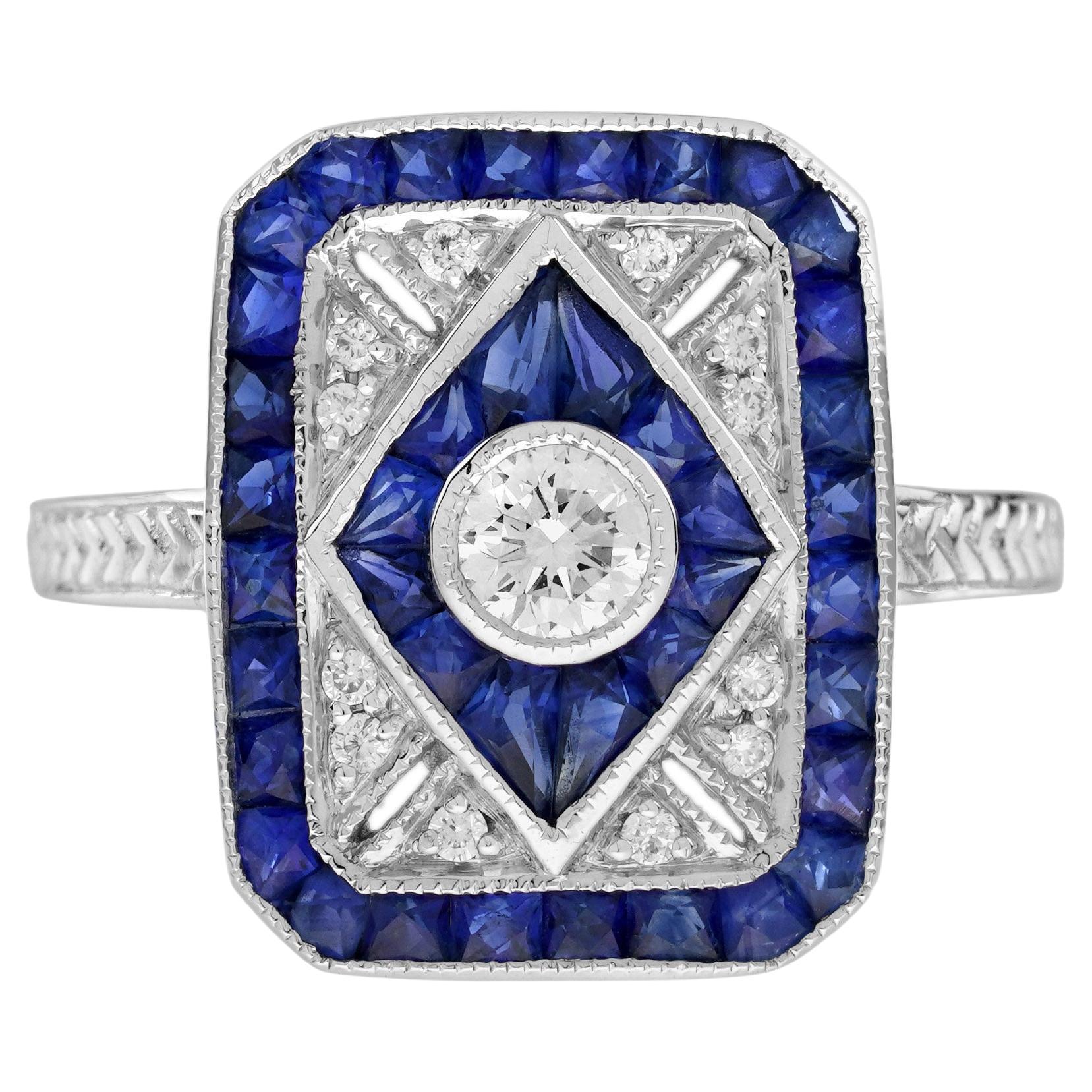 Verlobungsring aus 14 Karat Weißgold mit Diamanten und blauem Saphir im Art-déco-Stil mit Diamanten