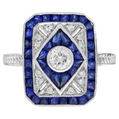 Bague de fiançailles Art déco en or blanc 14 carats avec diamants et saphirs bleus