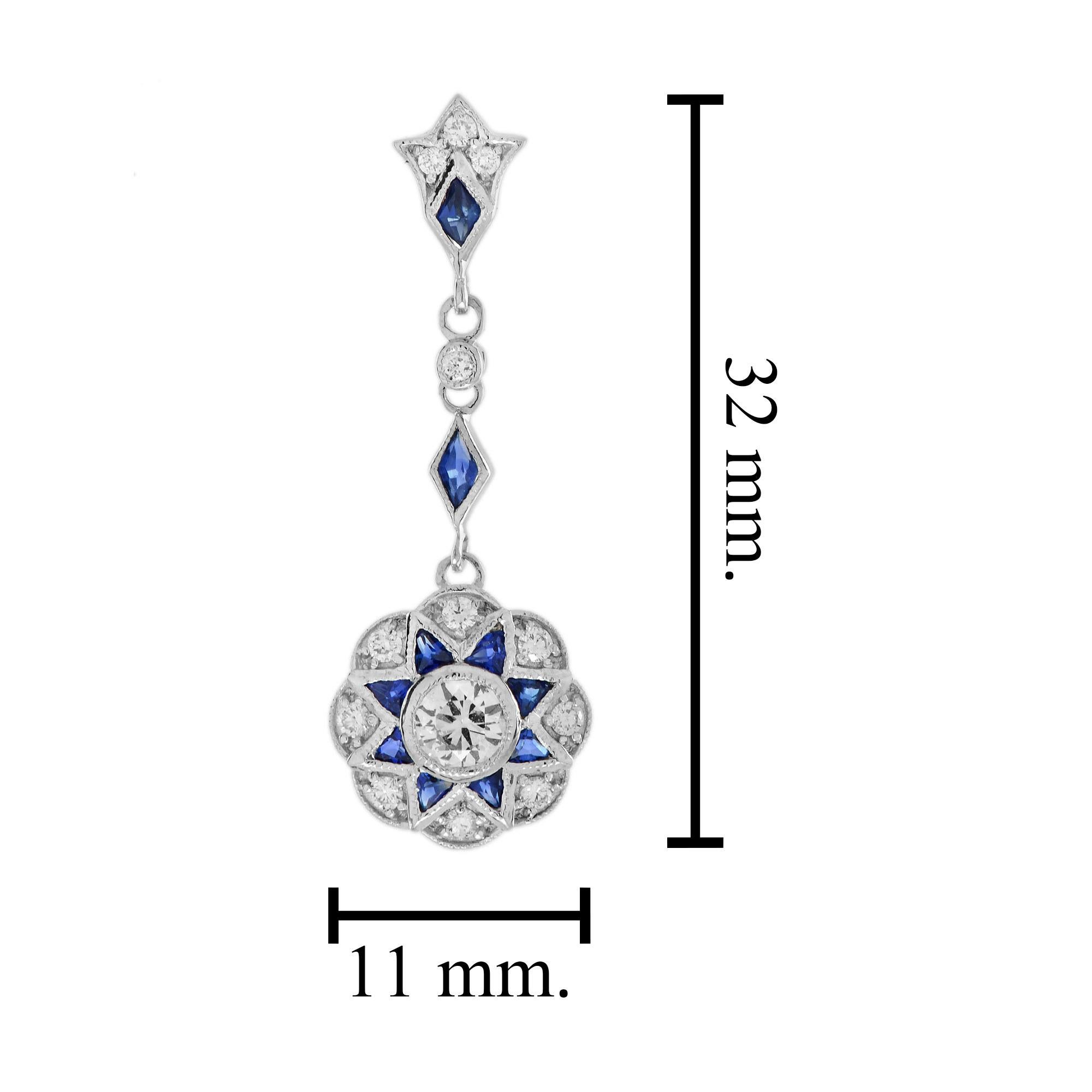 Orecchini in oro bianco con diamanti e zaffiri blu in stile Art Deco, che ispirano i penzoli floreali in vendita 1