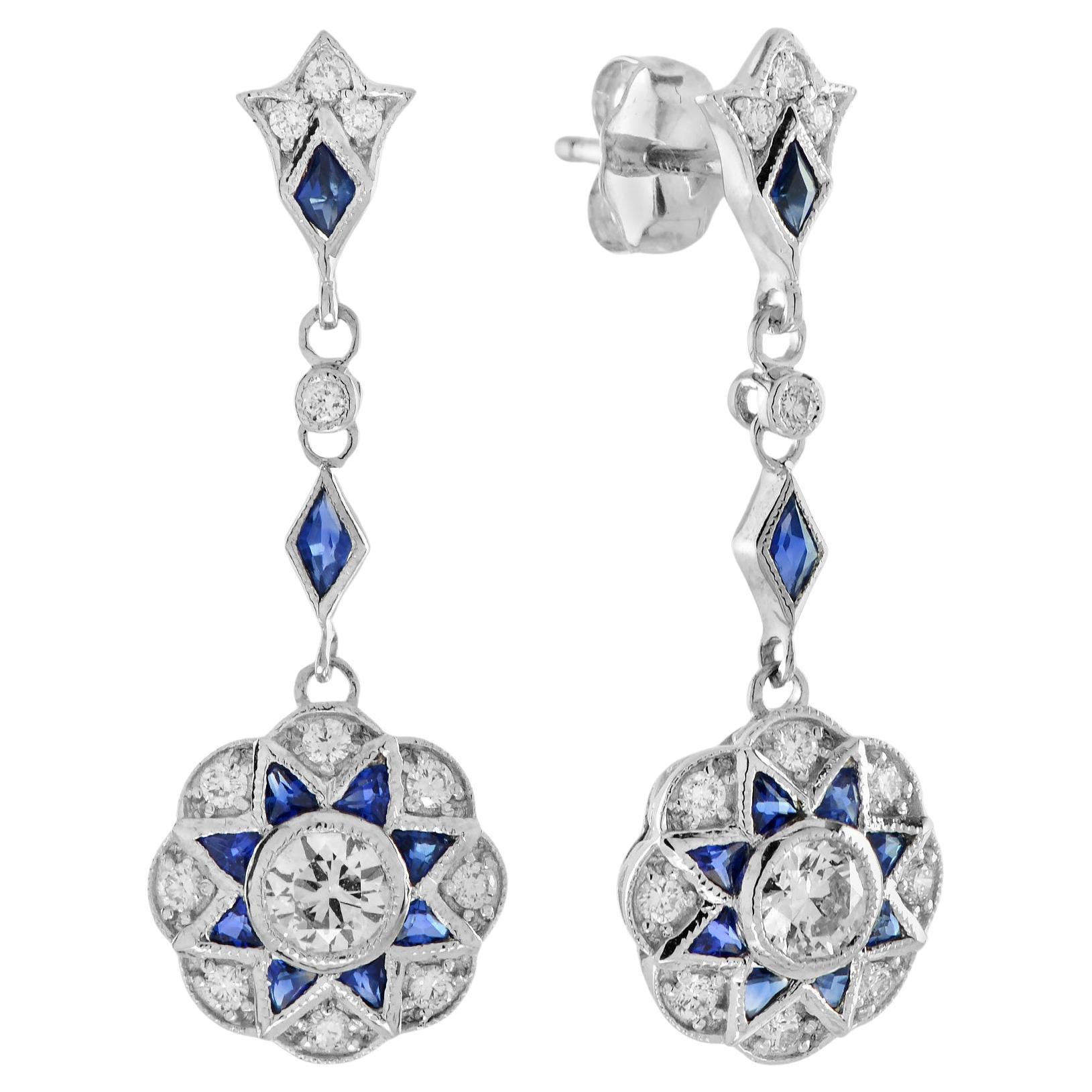 Diamond & Blue Sapphire Art Deco Style Inspire Floral Dangle White Gold Earrings