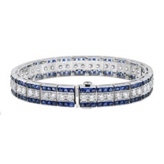 Diamond & Blue Sapphire Art Deco Style Line Tennis Statement Platinum Bracelet