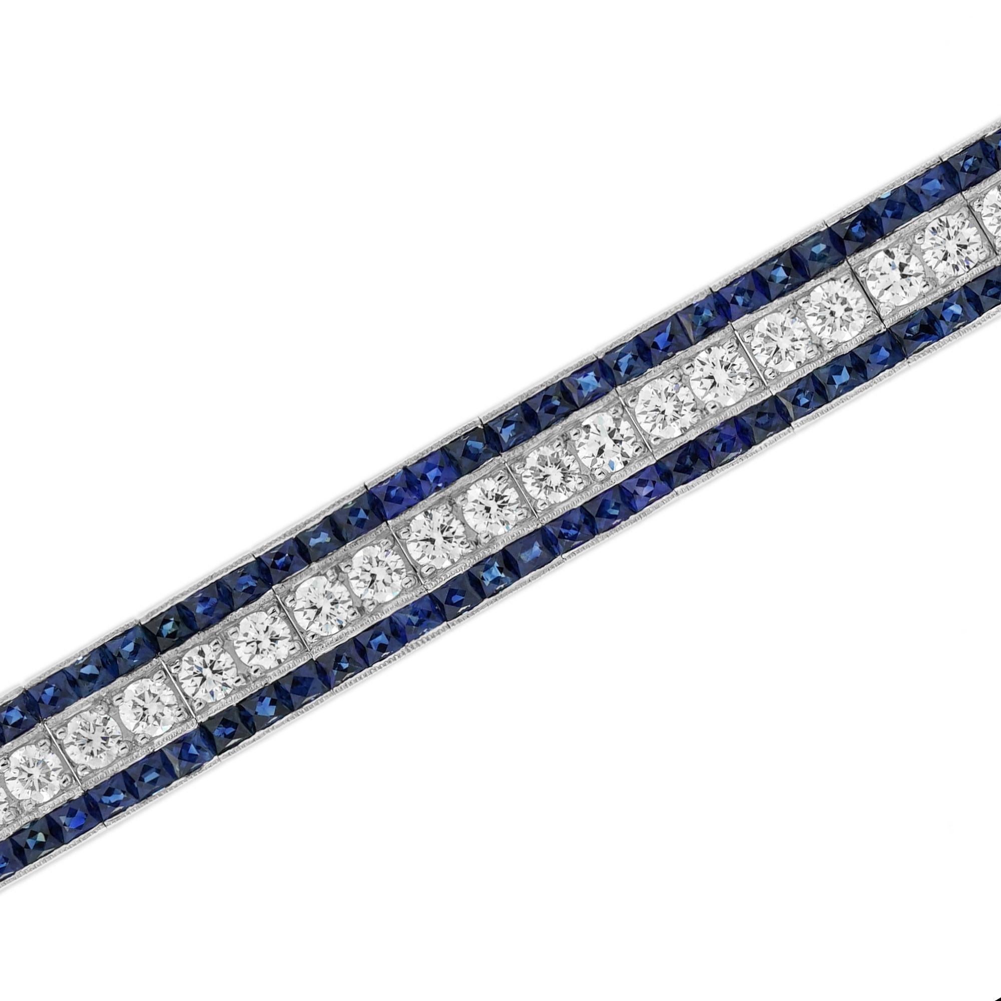 Pulsera de Platino con Diamantes y Zafiro Azul Estilo Art Decó Línea de Tenis en Nuevo estado para la venta en Oakton, VA