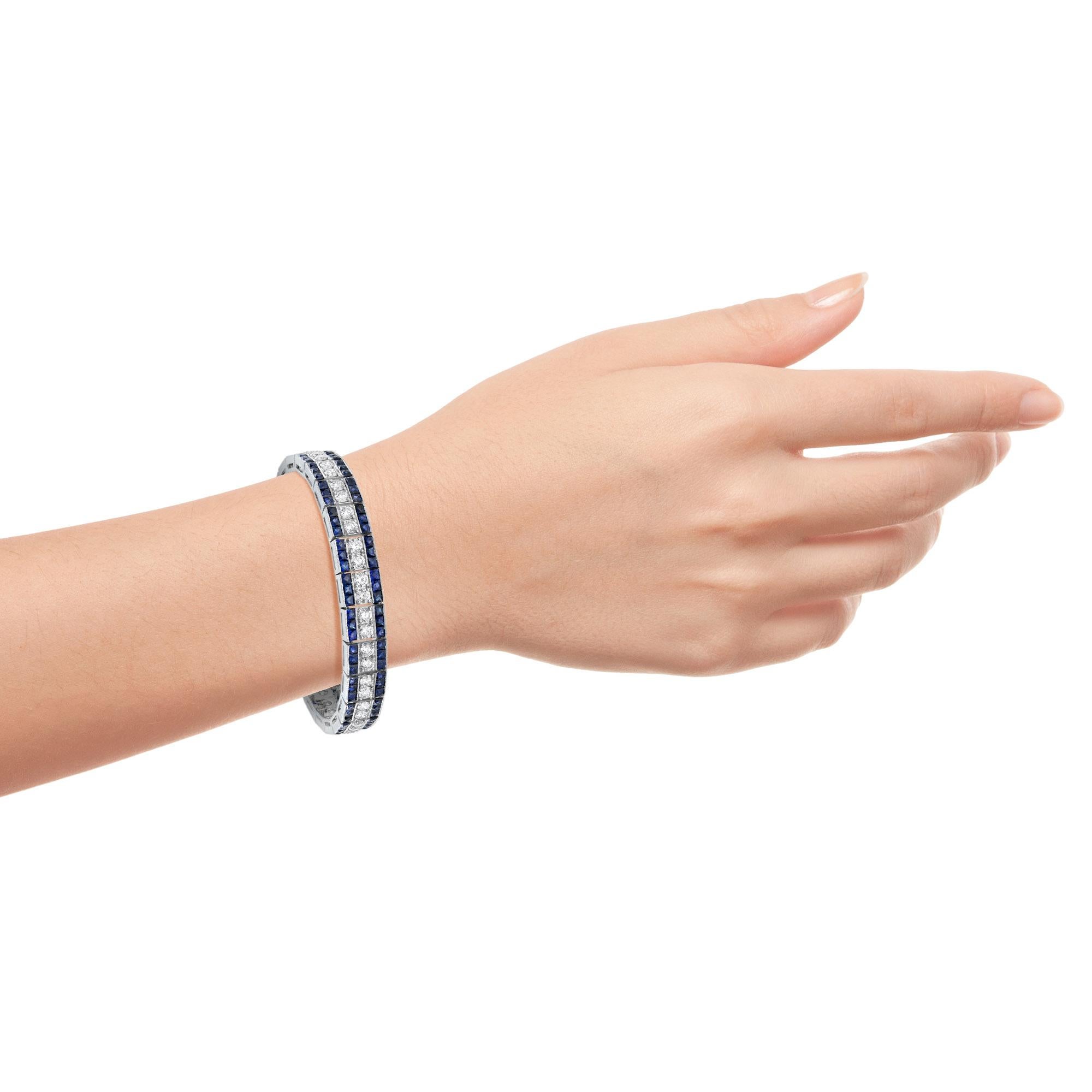 Pulsera de Platino con Diamantes y Zafiro Azul Estilo Art Decó Línea de Tenis en venta 1
