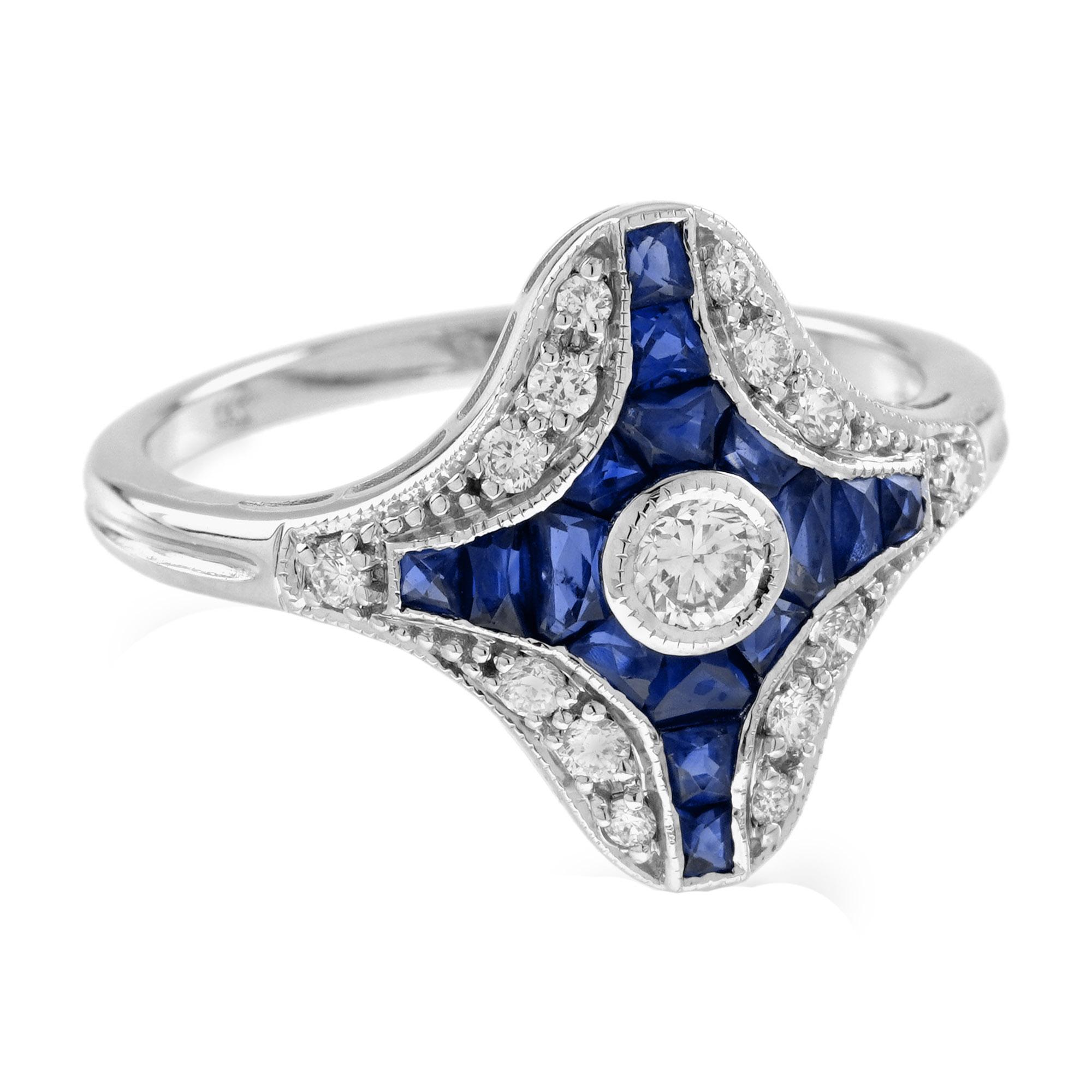 Diamond Blue Sapphire Art Deco Style Ring Engagement Ring in 14K White Gold In New Condition In Bangkok, TH