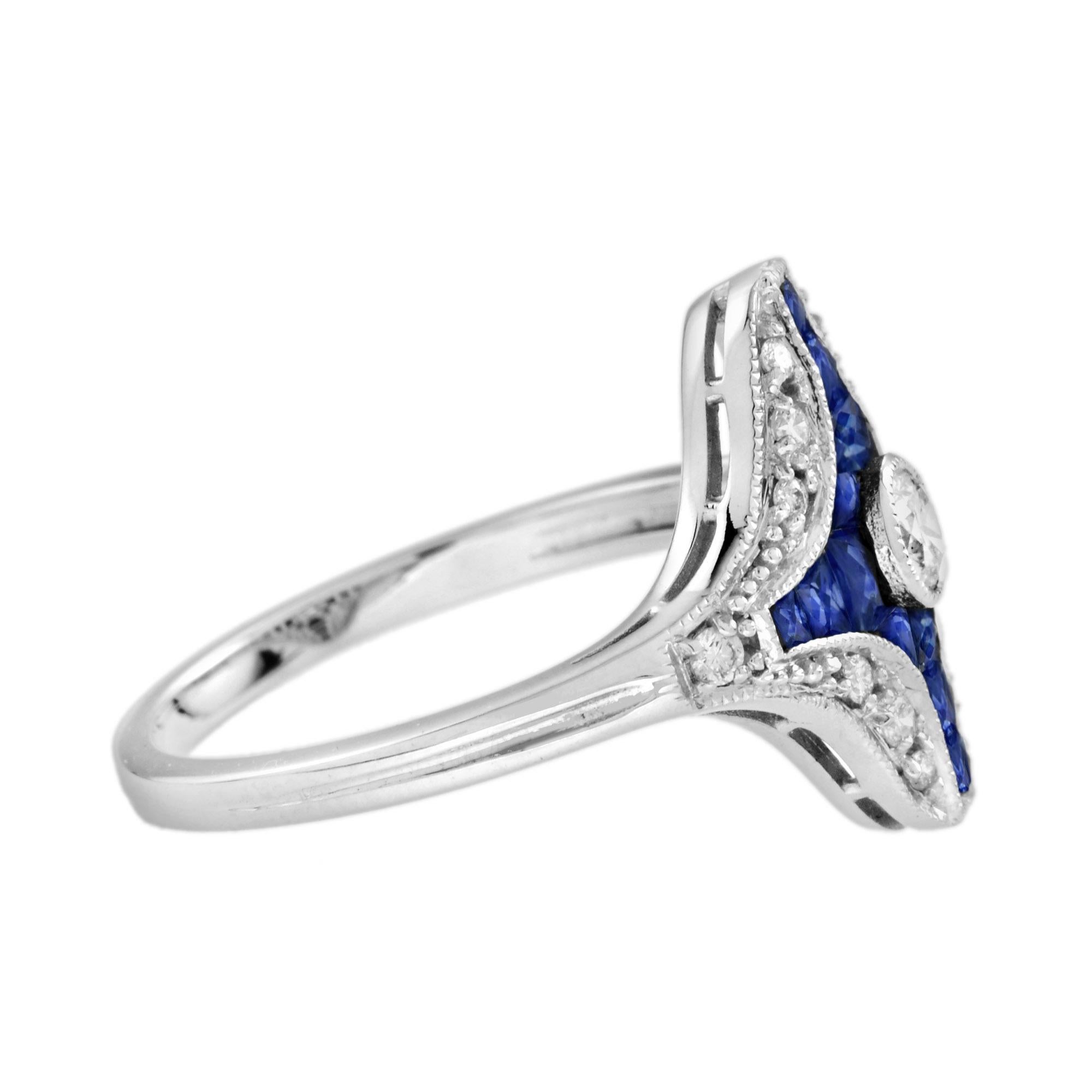 Women's Diamond Blue Sapphire Art Deco Style Ring Engagement Ring in 14K White Gold