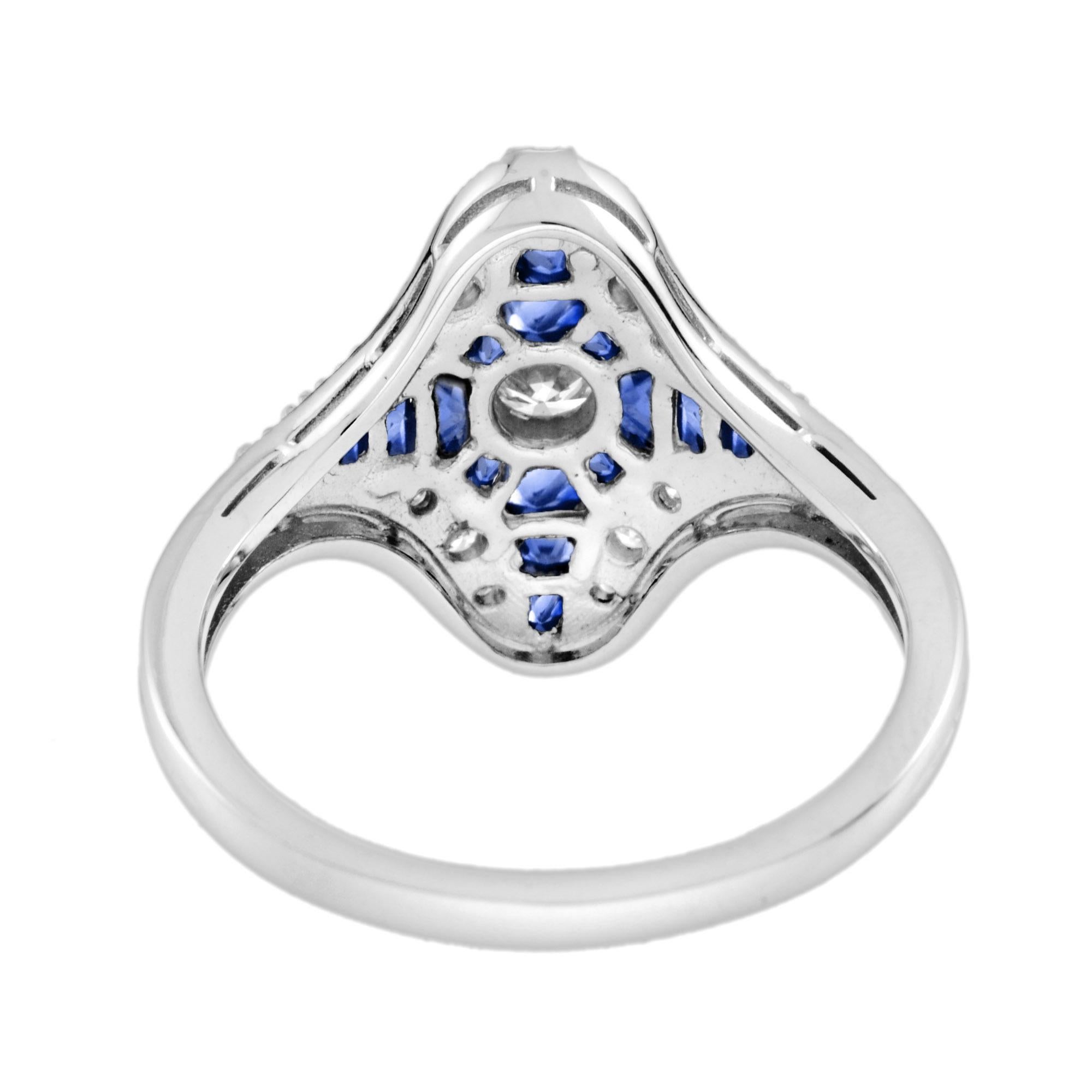 Diamond Blue Sapphire Art Deco Style Ring Engagement Ring in 14K White Gold 1