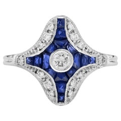 Diamond Blue Sapphire Art Deco Style Ring Engagement Ring in 14K White Gold