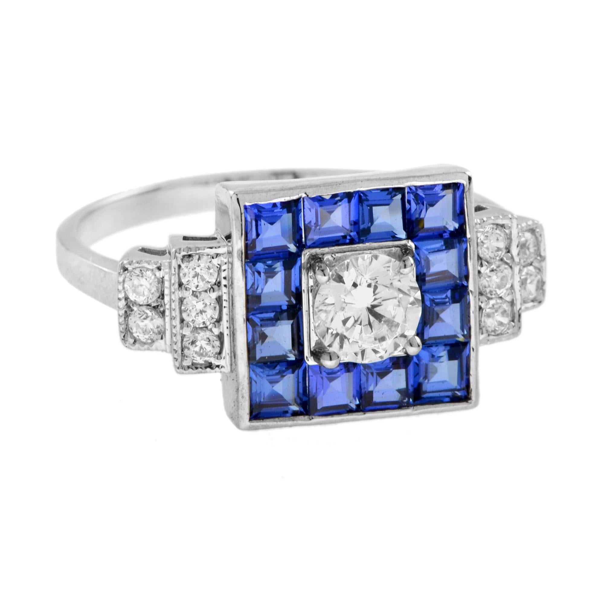 For Sale:  Diamond Blue Sapphire Art Deco Style Square Shape Engagement Ring in 18K Gold 3