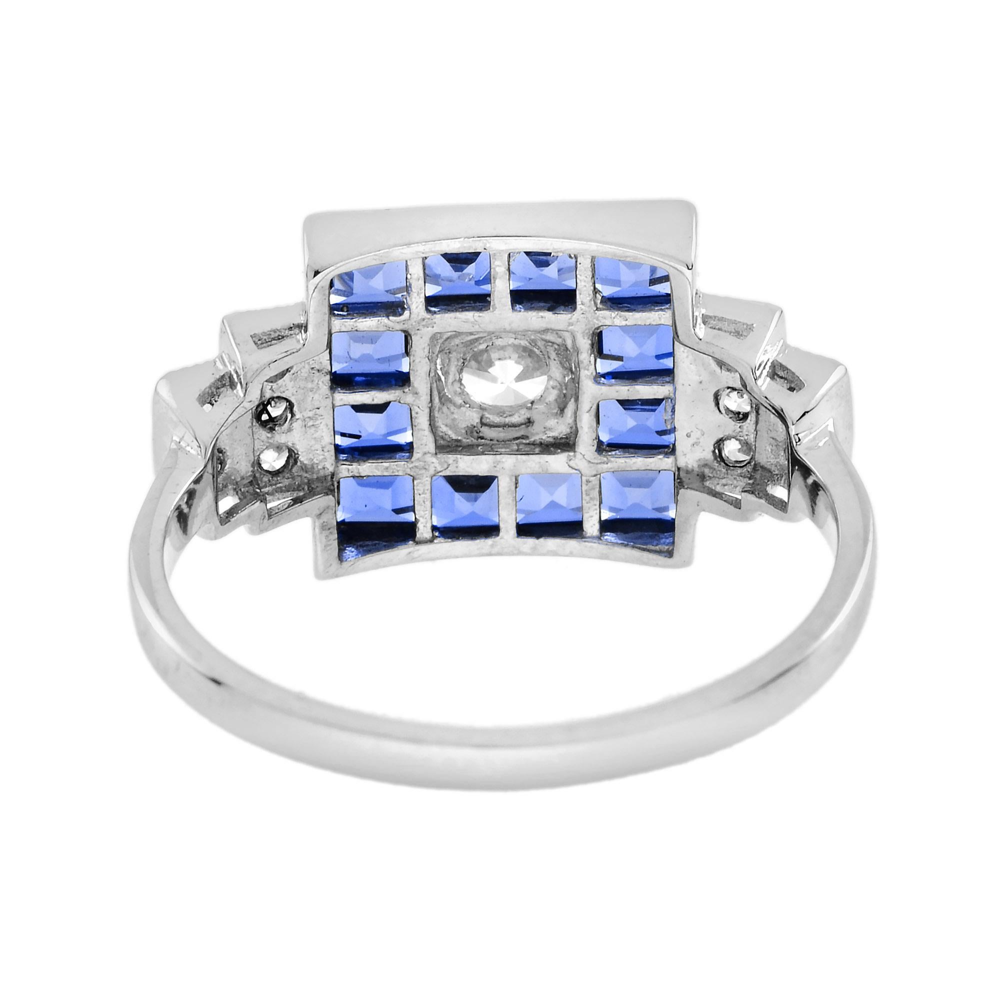 For Sale:  Diamond Blue Sapphire Art Deco Style Square Shape Engagement Ring in 18K Gold 5