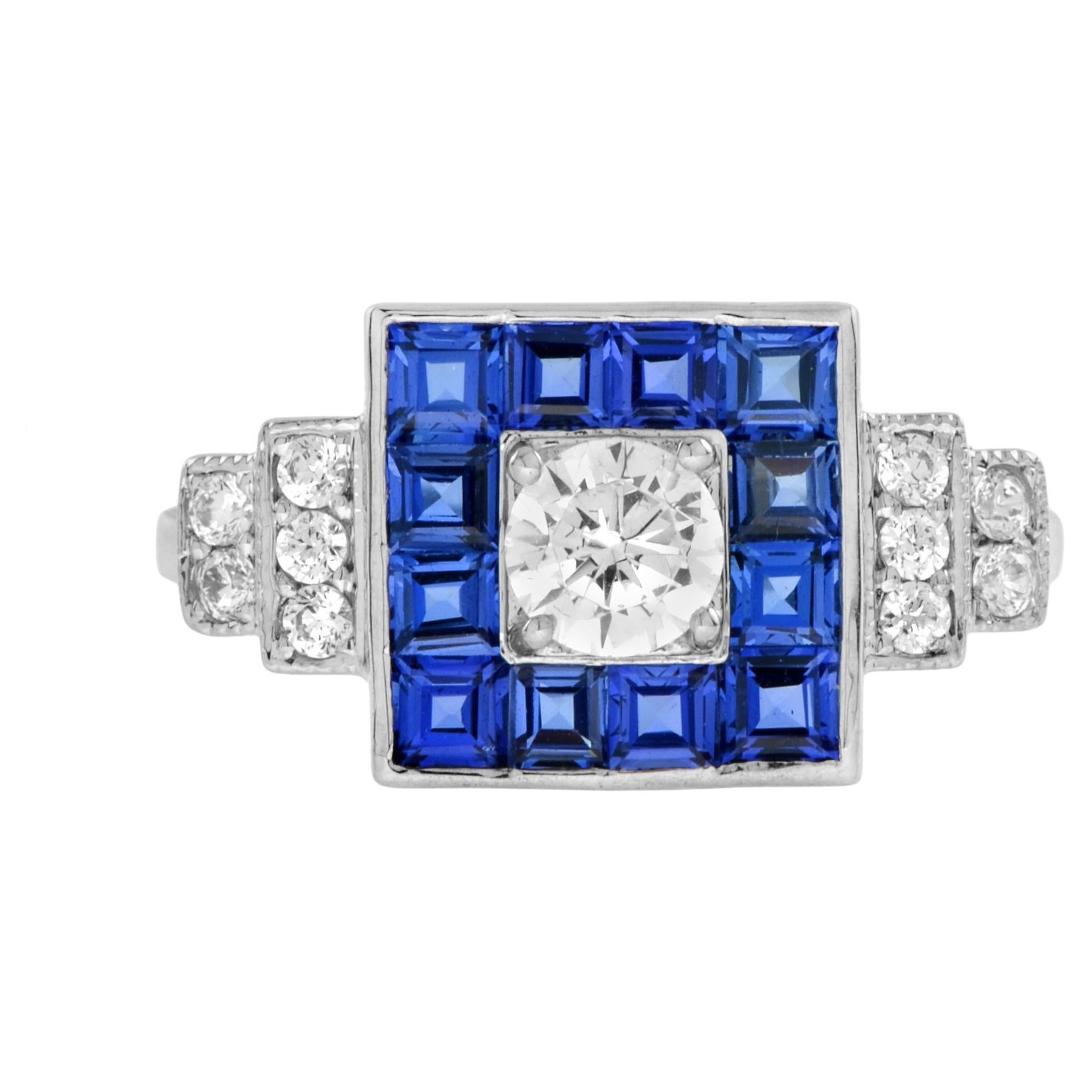 For Sale:  Diamond Blue Sapphire Art Deco Style Square Shape Engagement Ring in 18K Gold