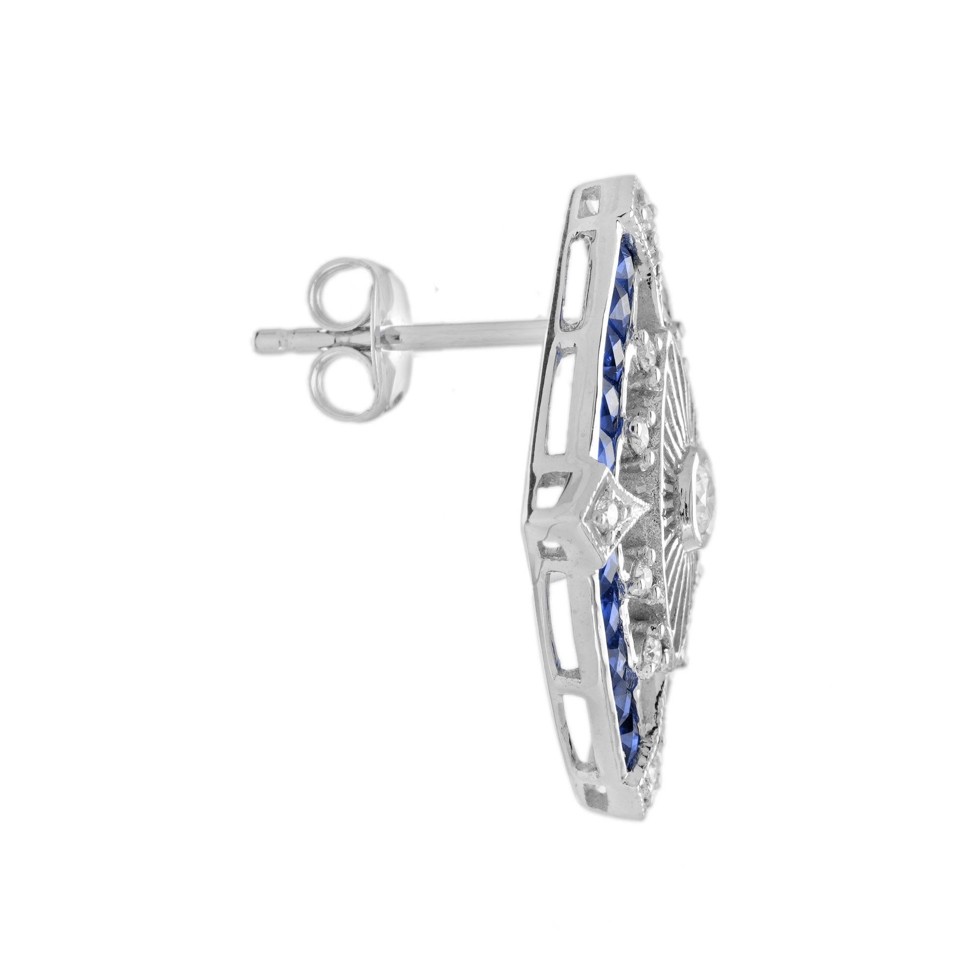 Round Cut Diamond  Blue Sapphire Art Deco Style Stud Earrings in 14K White Gold For Sale