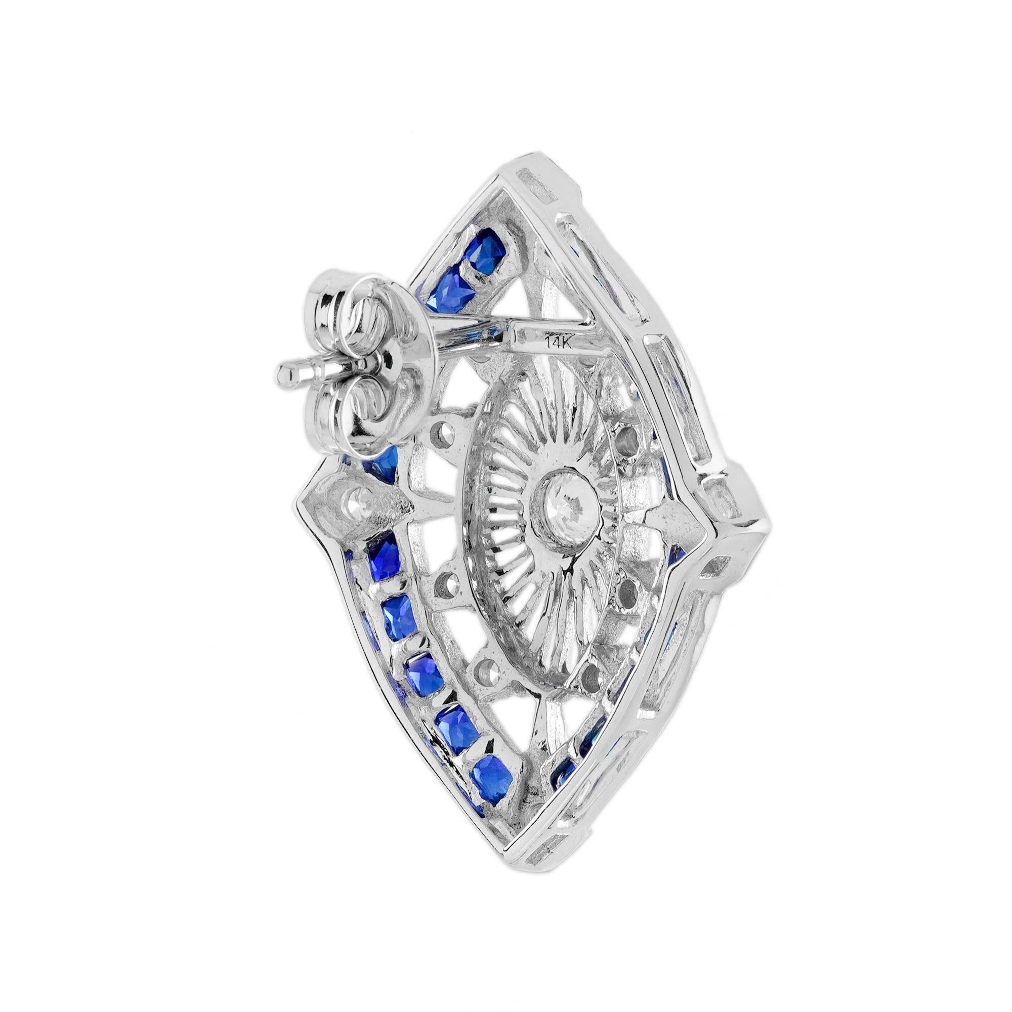 Diamond  Blue Sapphire Art Deco Style Stud Earrings in 14K White Gold In New Condition For Sale In Bangkok, TH