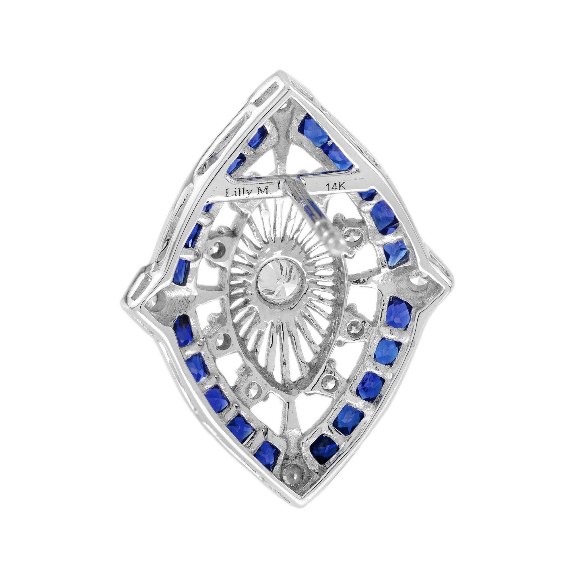 Women's Diamond  Blue Sapphire Art Deco Style Stud Earrings in 14K White Gold For Sale