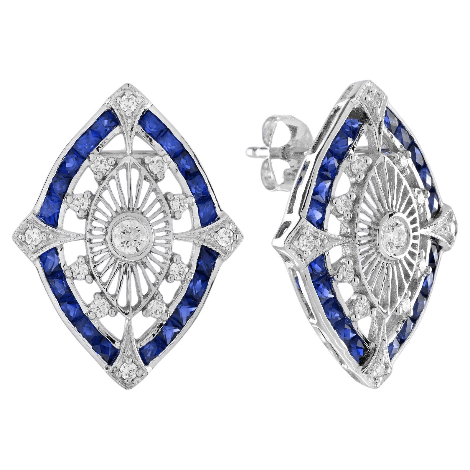 Diamond  Blue Sapphire Art Deco Style Stud Earrings in 14K White Gold