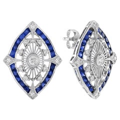 Diamante  Pendientes de zafiro azul estilo Art Déco en oro blanco de 14 quilates