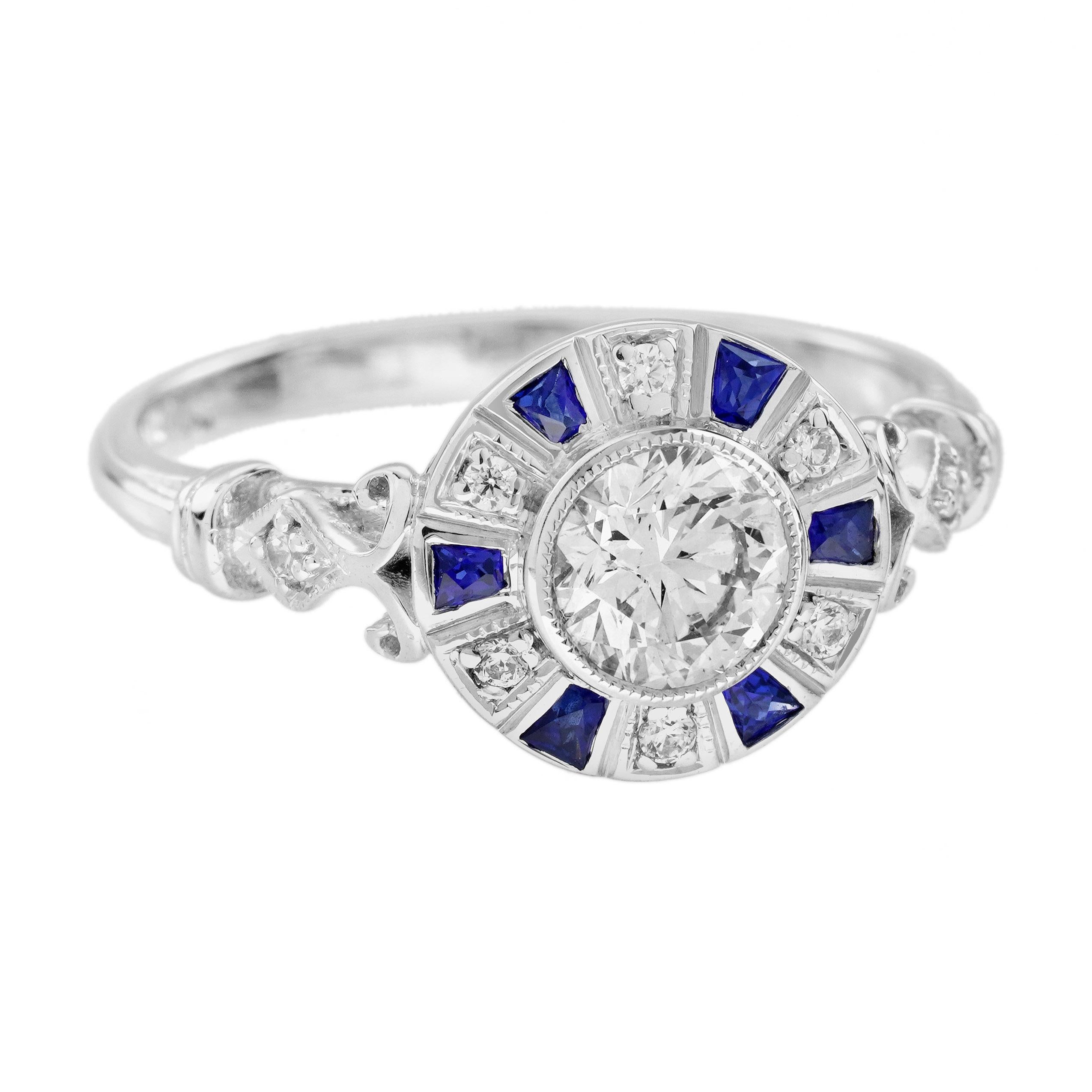 Diamante Zafiro Azul Anillo de Compromiso Blanco Estilo Art Decó en Oro Blanco de 18 K Corte redondo en venta