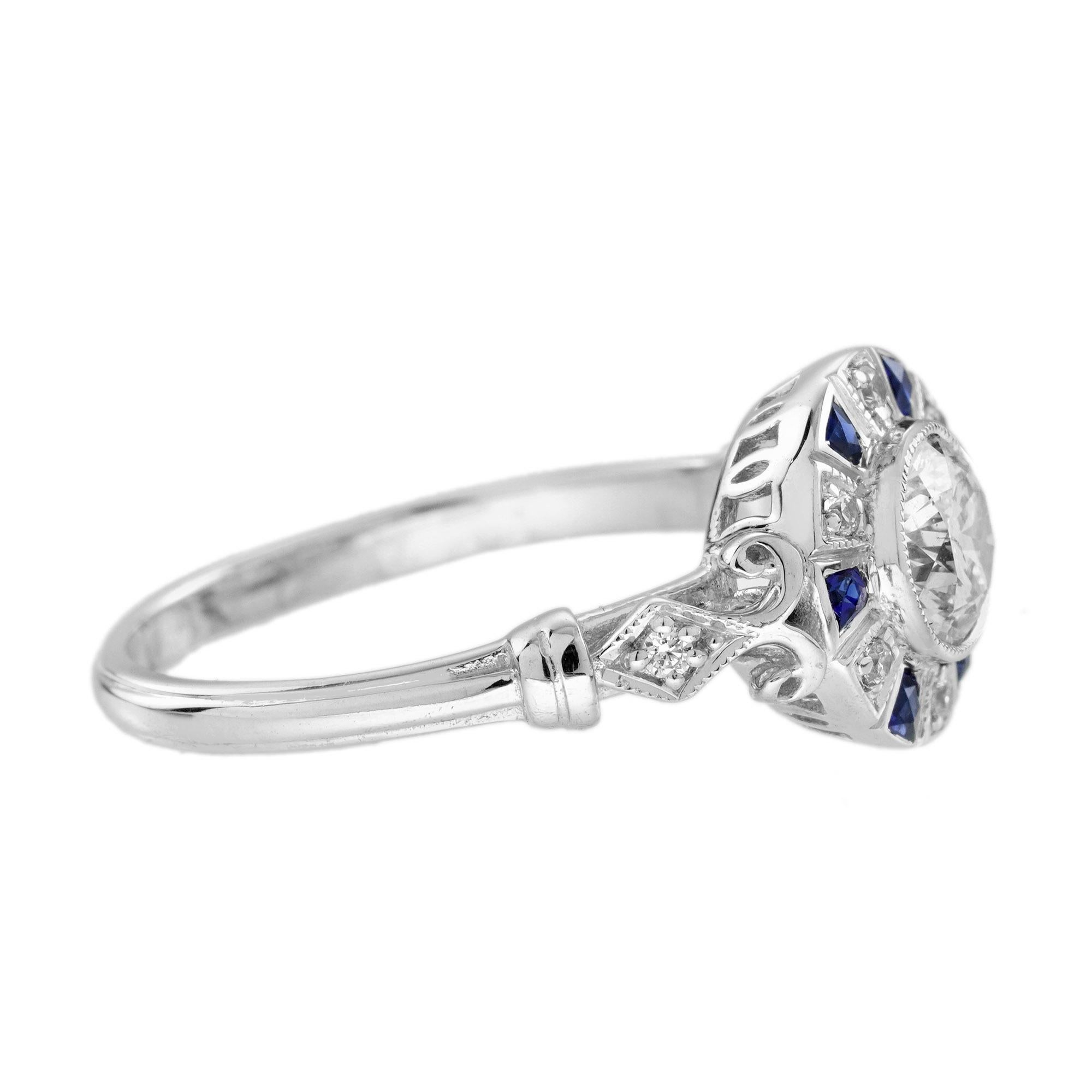 Diamante Zafiro Azul Anillo de Compromiso Blanco Estilo Art Decó en Oro Blanco de 18 K en Nuevo estado para la venta en Bangkok, TH
