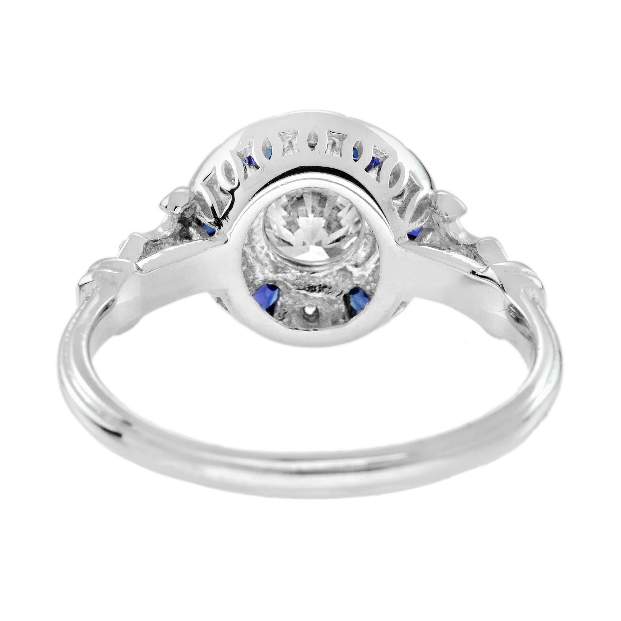De las mujeres Diamante Zafiro Azul Anillo de Compromiso Blanco Estilo Art Decó en Oro Blanco de 18 K en venta