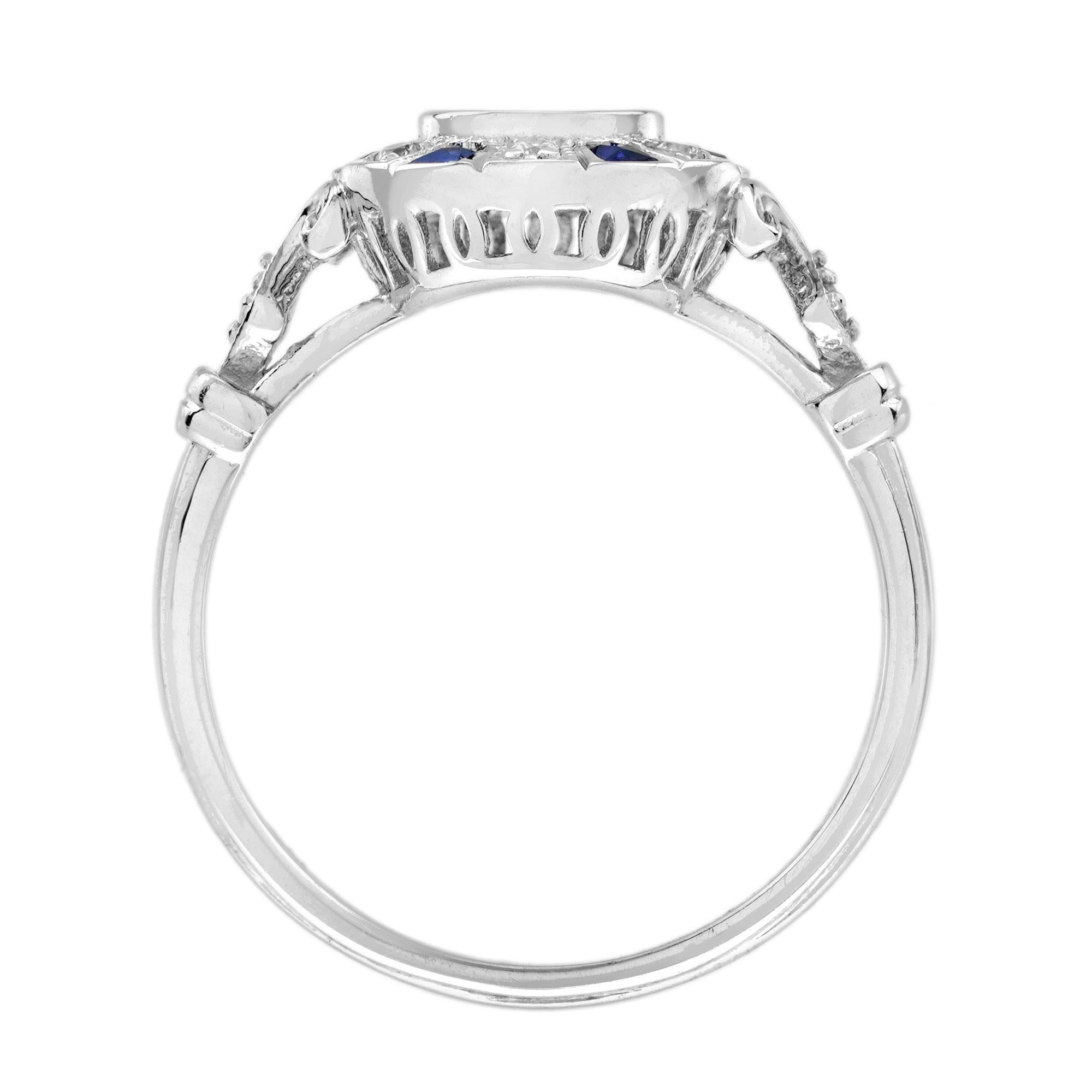 Diamante Zafiro Azul Anillo de Compromiso Blanco Estilo Art Decó en Oro Blanco de 18 K en venta 1