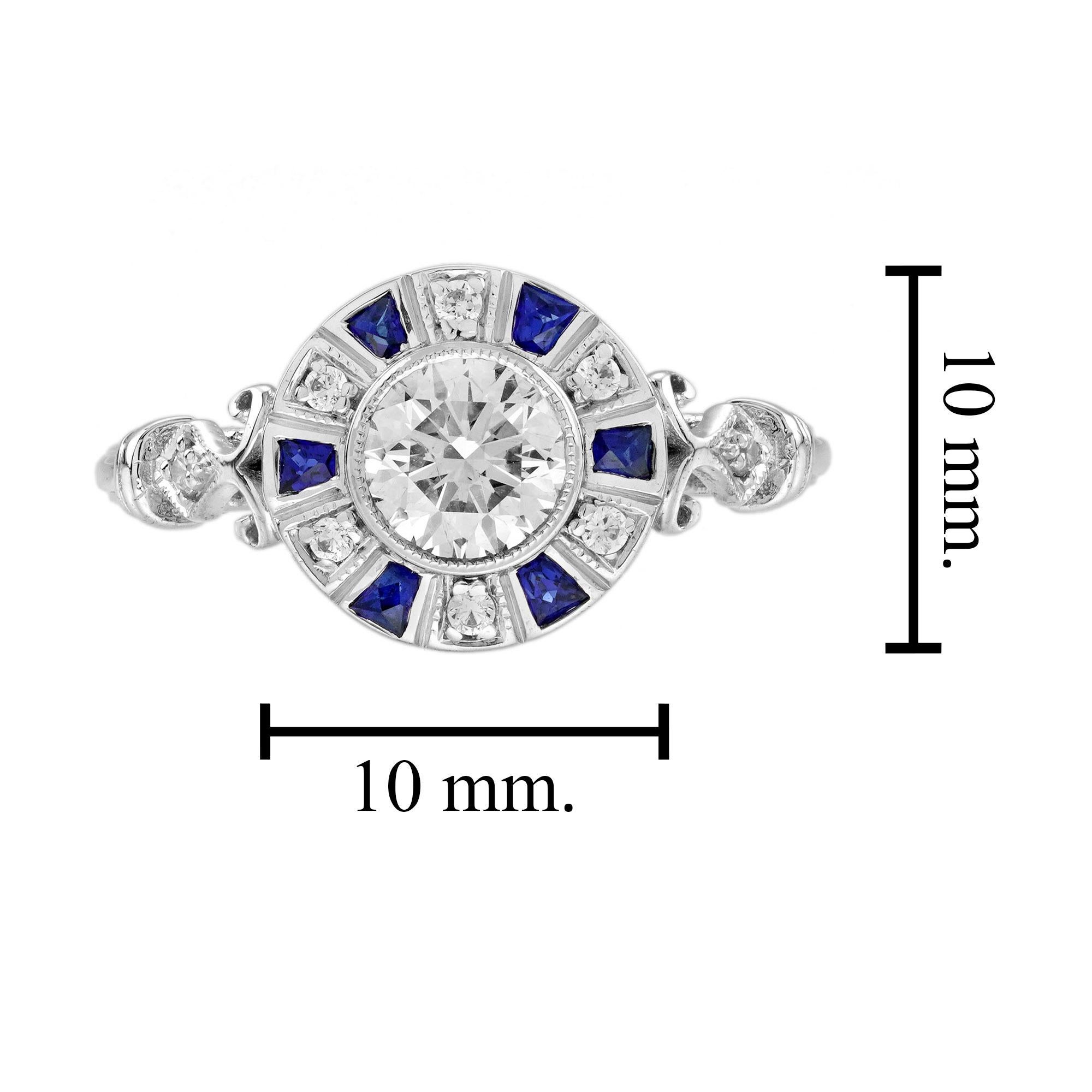 Diamante Zafiro Azul Anillo de Compromiso Blanco Estilo Art Decó en Oro Blanco de 18 K en venta 2