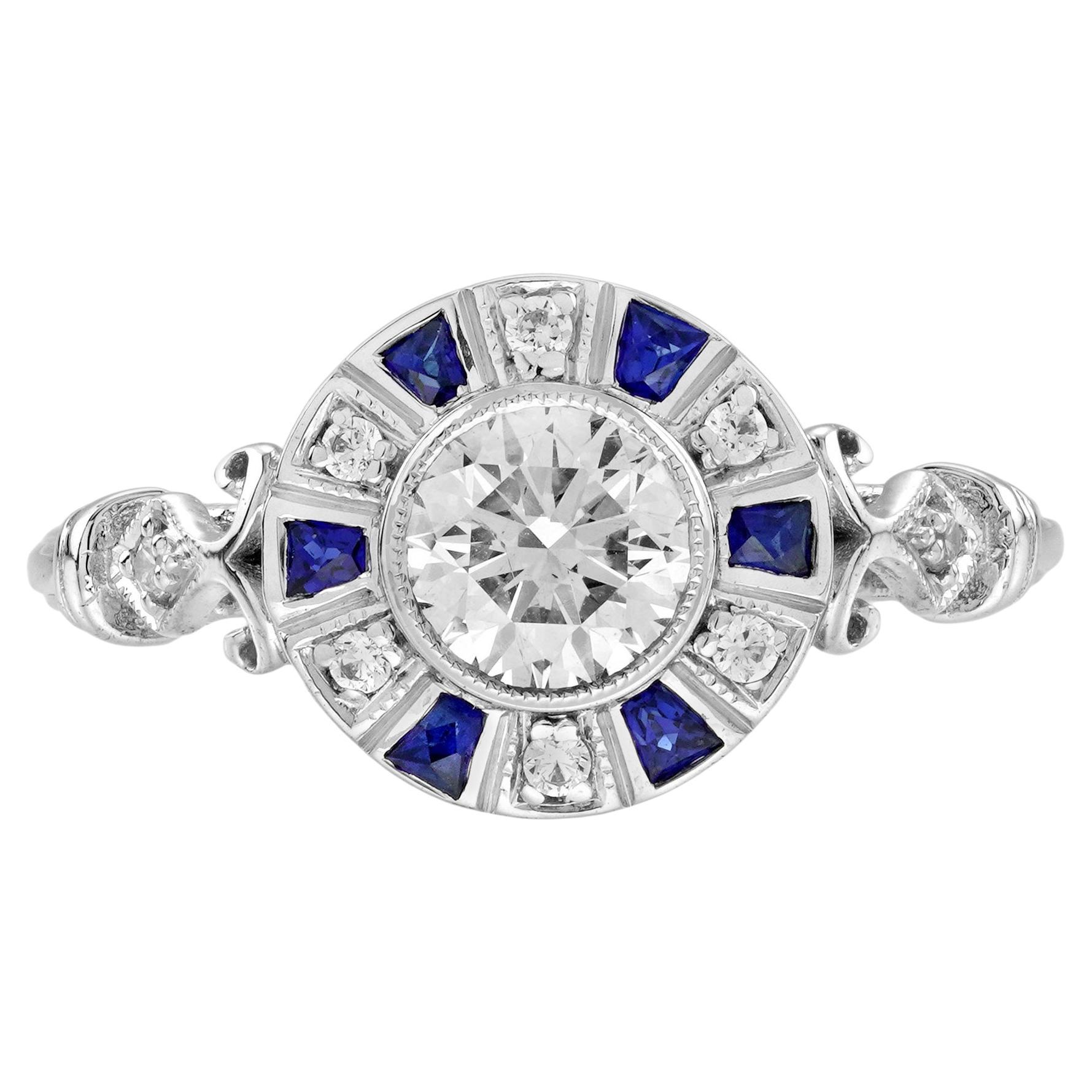 Verlobungsring aus 18 Karat Weißgold mit Diamanten und blauem Saphir im Art-déco-Stil mit Target-Diamant
