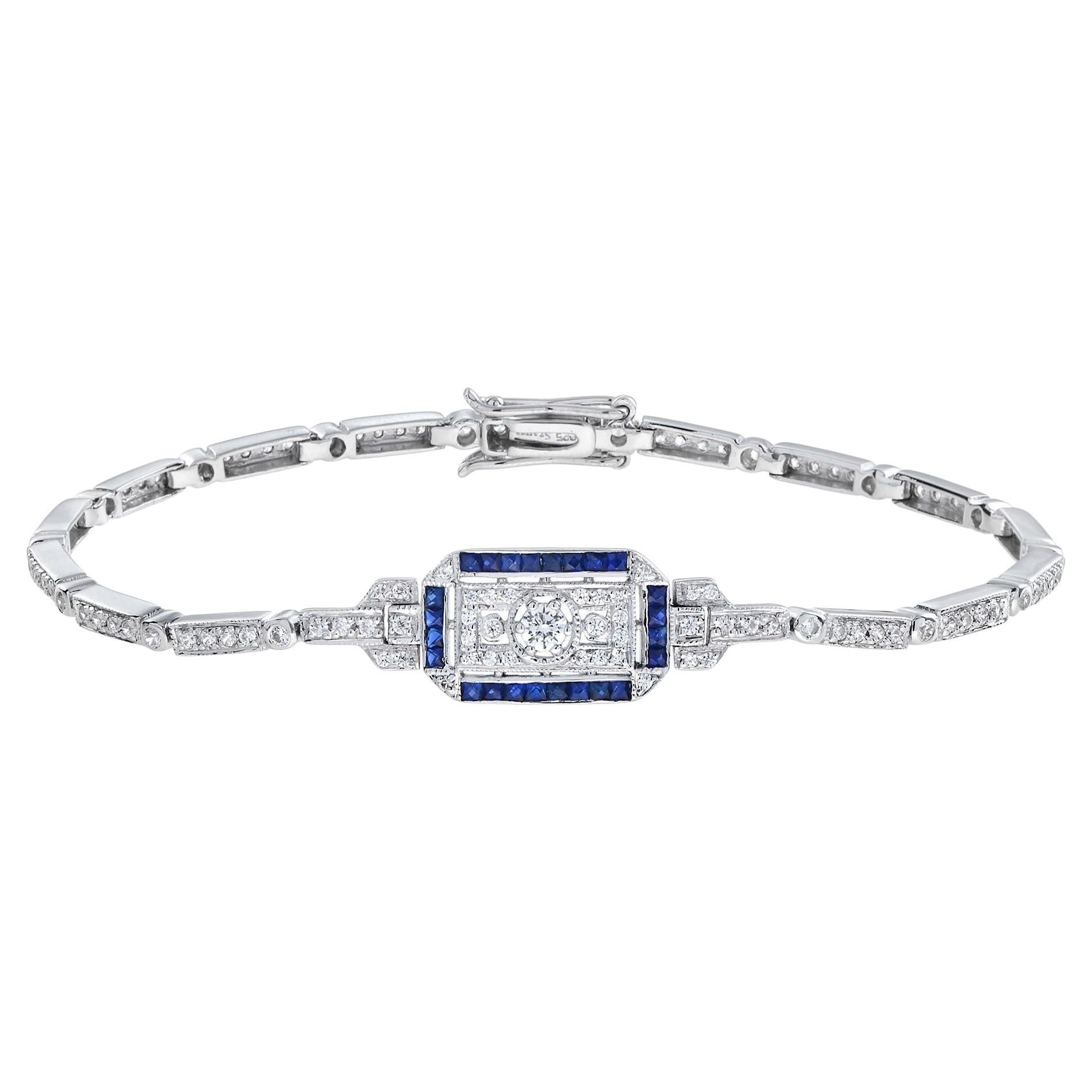 Bracelet en or blanc avec diamants et saphirs bleus de style Art déco