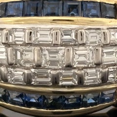 Diamond & Blue Sapphire Baguette 18k Yellow Gold Cocktail Ring ~3.00ctw