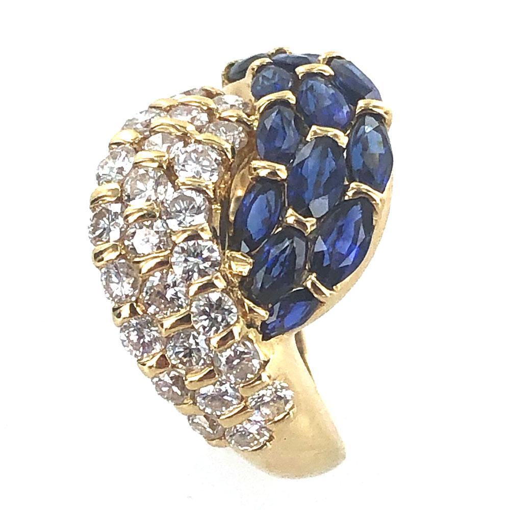 Round Cut Diamond Blue Sapphire Bypass 18 Karat Yellow Gold Ring