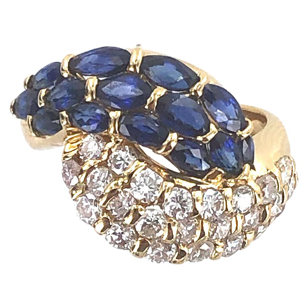 Diamond Blue Sapphire Bypass 18 Karat Yellow Gold Ring
