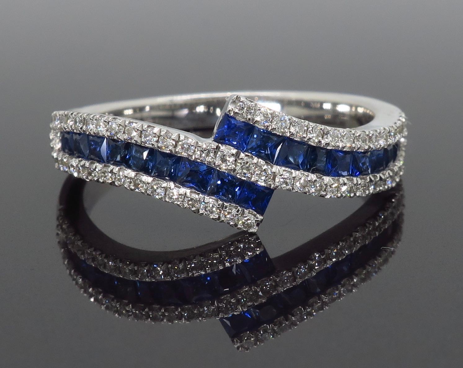 Diamond and Blue Sapphire Bypass Ring In New Condition In Webster, NY