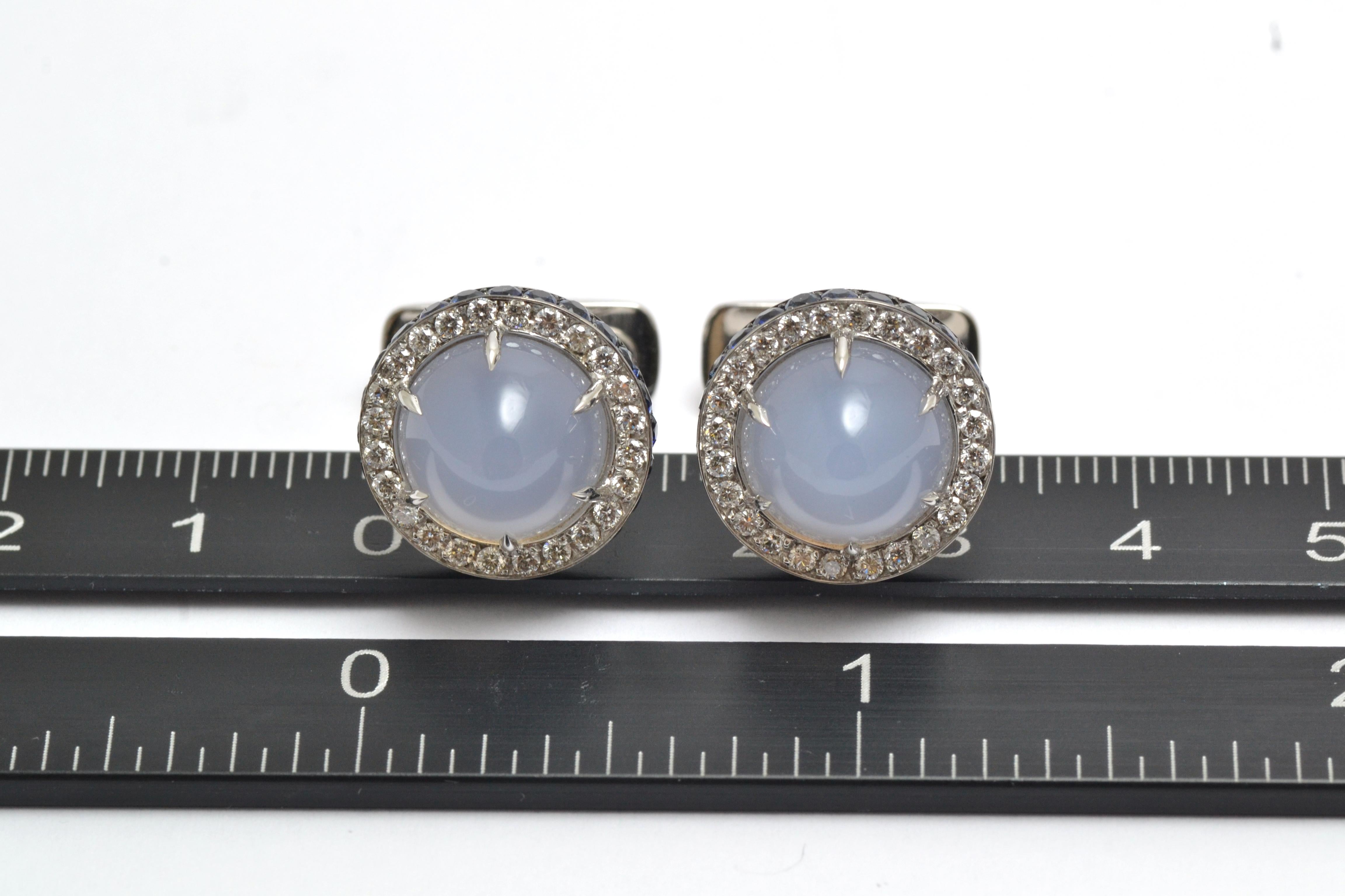 Round Cut Blue Sapphire Diamond  White Gold Made in Italy Cufflinks