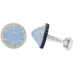 Diamond Blue Sapphire Chalcedony White Gold Made in Italy Cufflinks