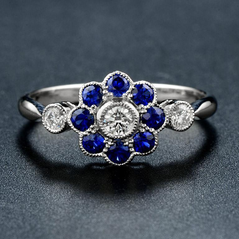 For Sale:  Fleur Daisy Natural Blue Sapphire with Diamond Ring in White Gold 18K 3