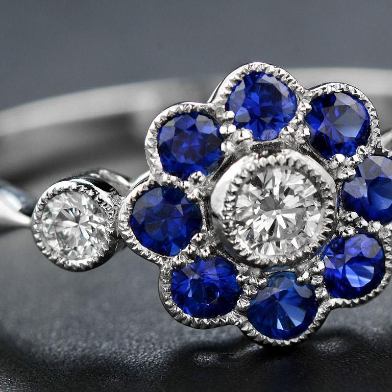 For Sale:  Fleur Daisy Natural Blue Sapphire with Diamond Ring in White Gold 18K 7