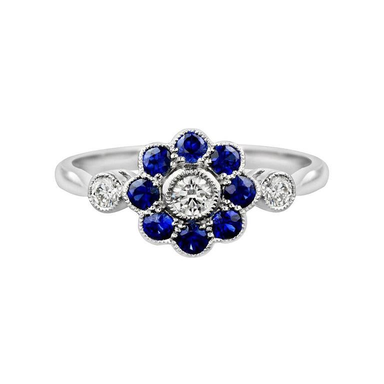Fleur Daisy Natural Blue Sapphire with Diamond Ring in White Gold 18K