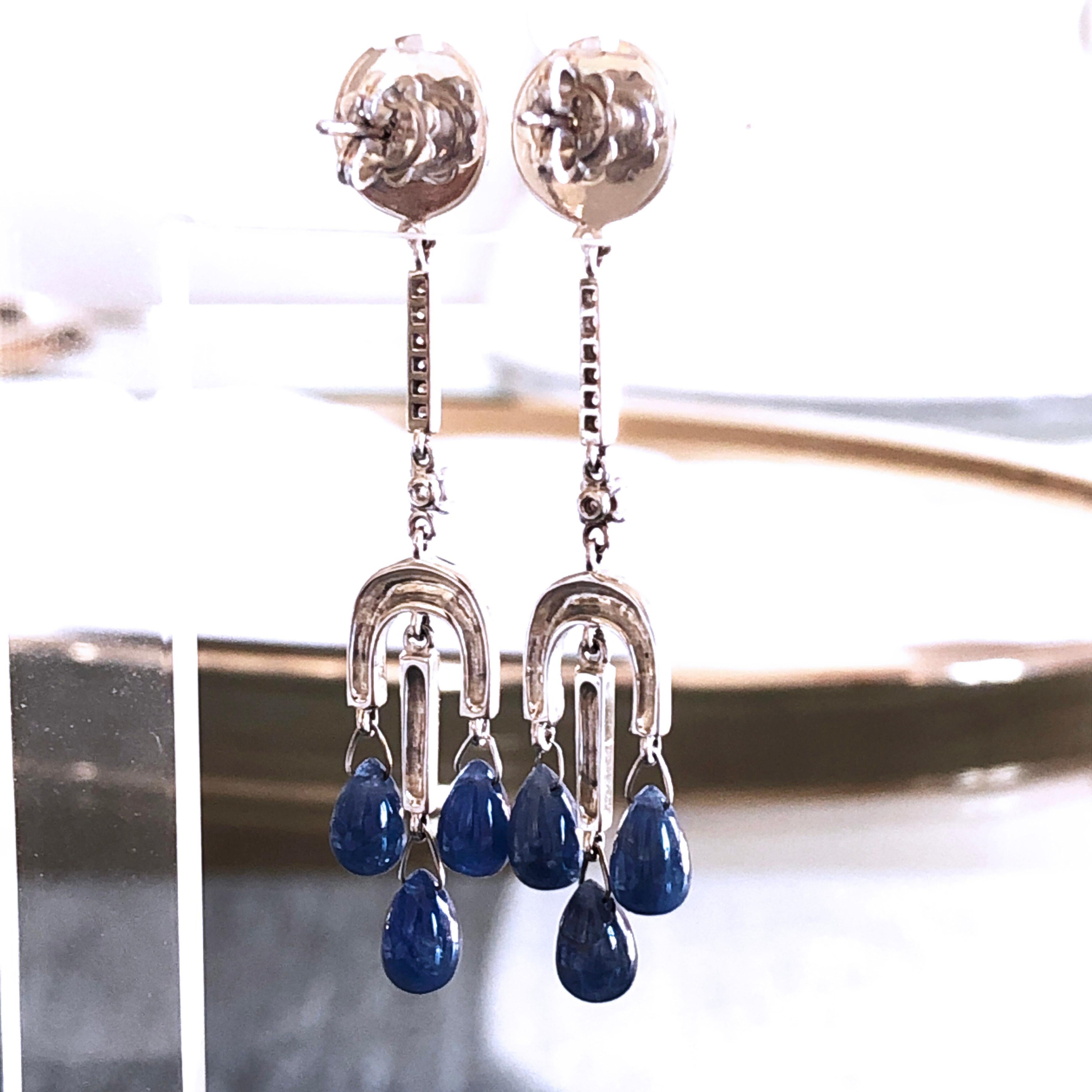 Diamond Blue Sapphire Drop Champlevé Hand Enameled Chandelier Earrings 5