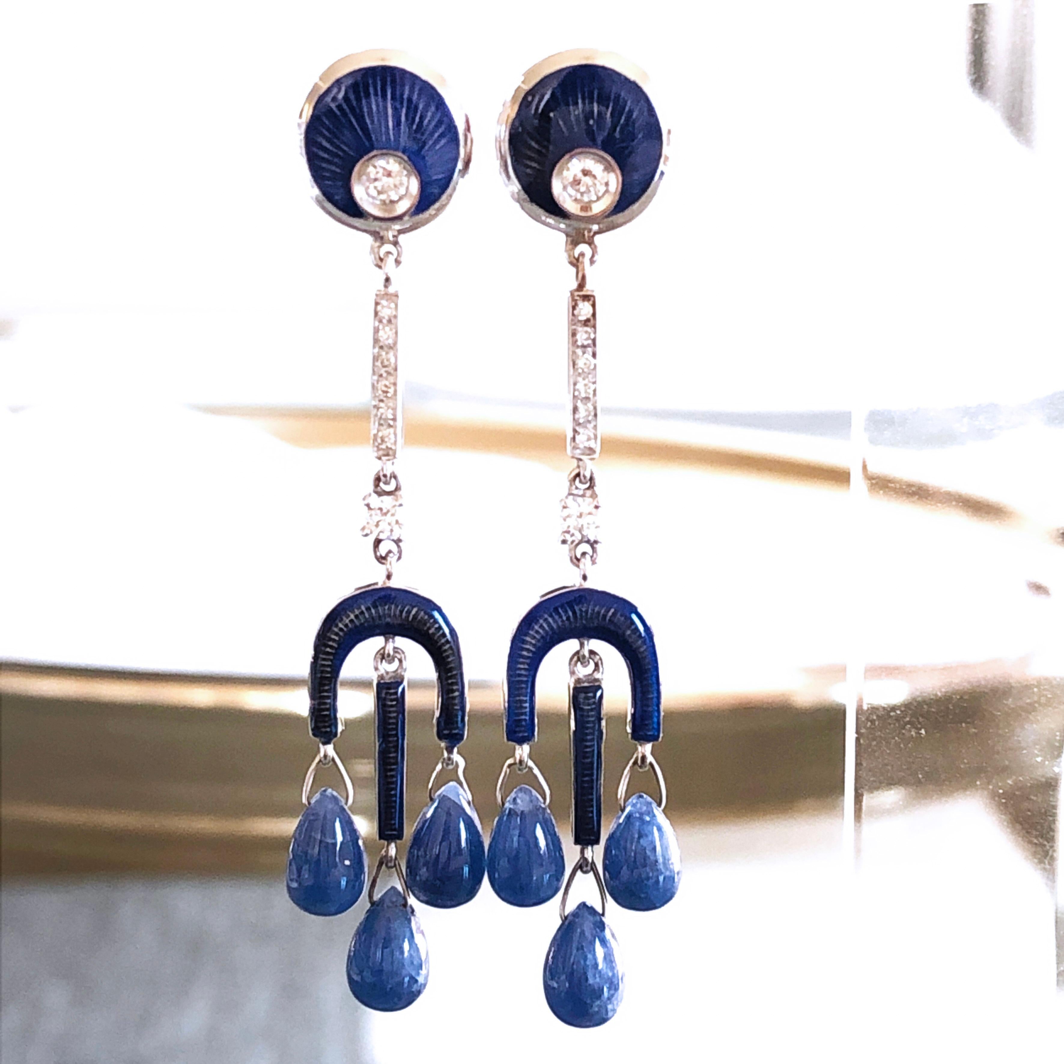 Diamond Blue Sapphire Drop Champlevé Hand Enameled Chandelier Earrings 6